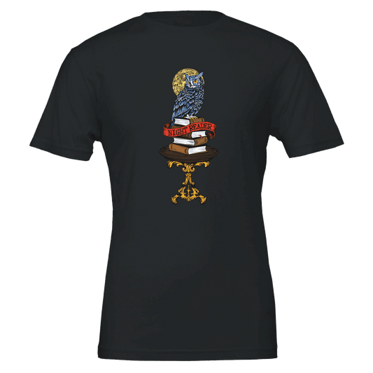 Night Reader Blue Owl Tee – Mystical Books & Moon – Unisex Bella+Canvas 3001 - Urban Muse & Sultry Hues
