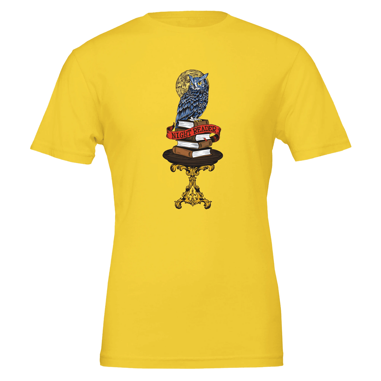 Night Reader Blue Owl Tee – Mystical Books & Moon – Unisex Bella+Canvas 3001 - Urban Muse & Sultry Hues
