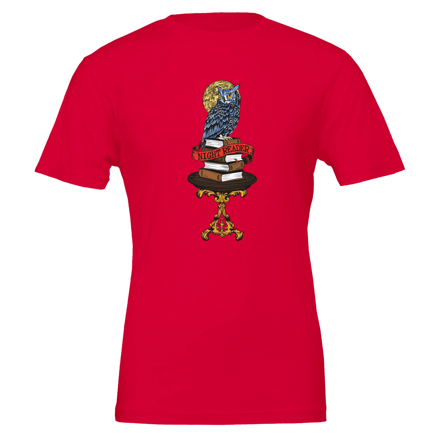 Night Reader Blue Owl Tee – Mystical Books & Moon – Unisex Bella+Canvas 3001 - Urban Muse & Sultry Hues