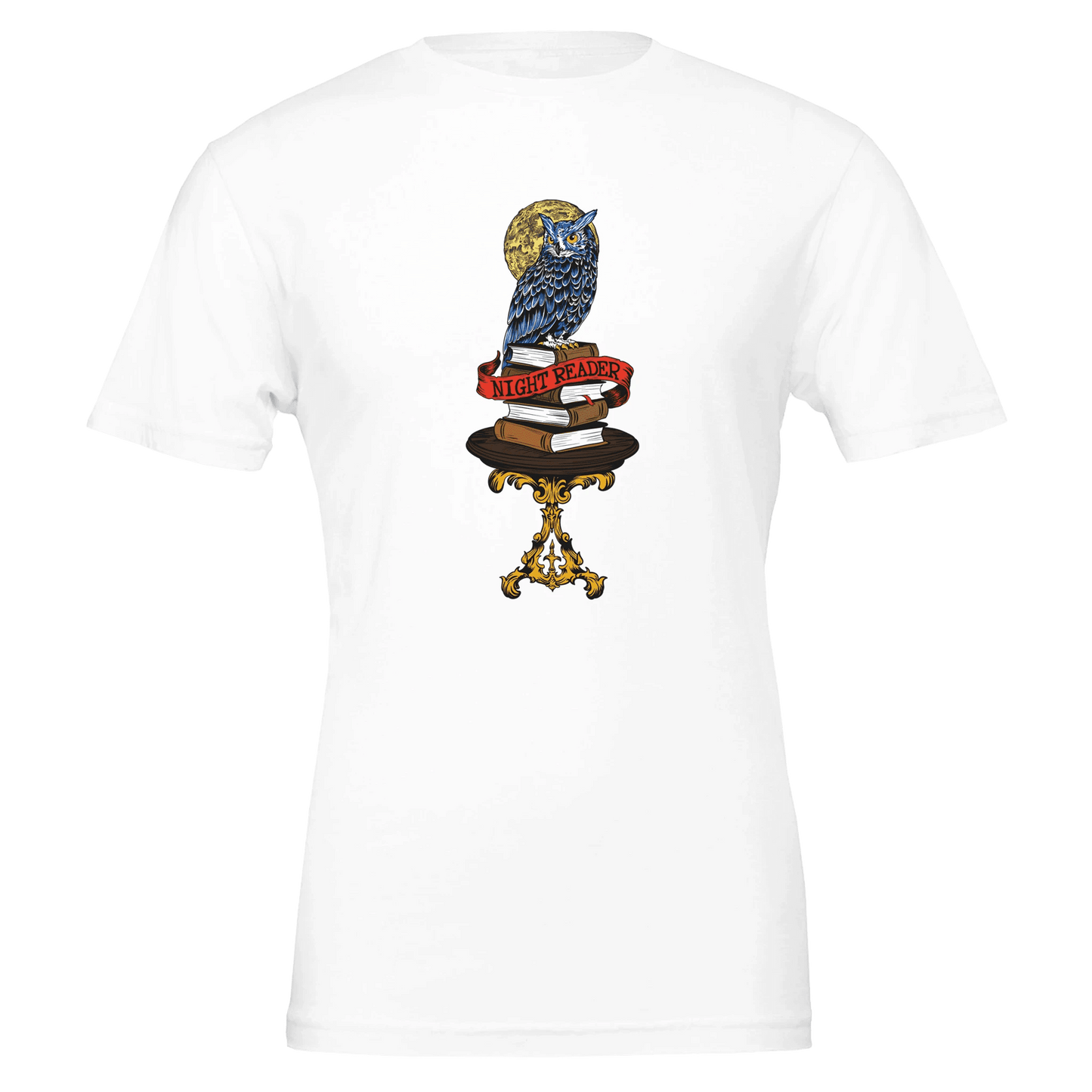 Night Reader Blue Owl Tee – Mystical Books & Moon – Unisex Bella+Canvas 3001 - Urban Muse & Sultry Hues