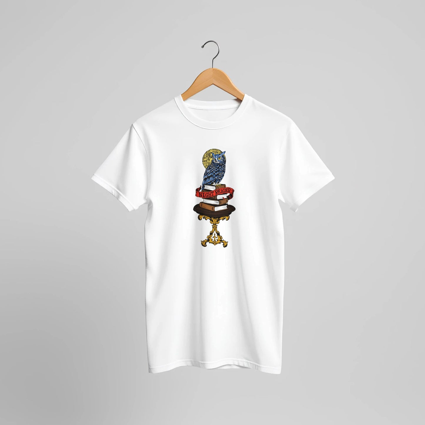 Night Reader Blue Owl Tee – Mystical Books & Moon – Unisex Bella+Canvas 3001 - Urban Muse & Sultry Hues