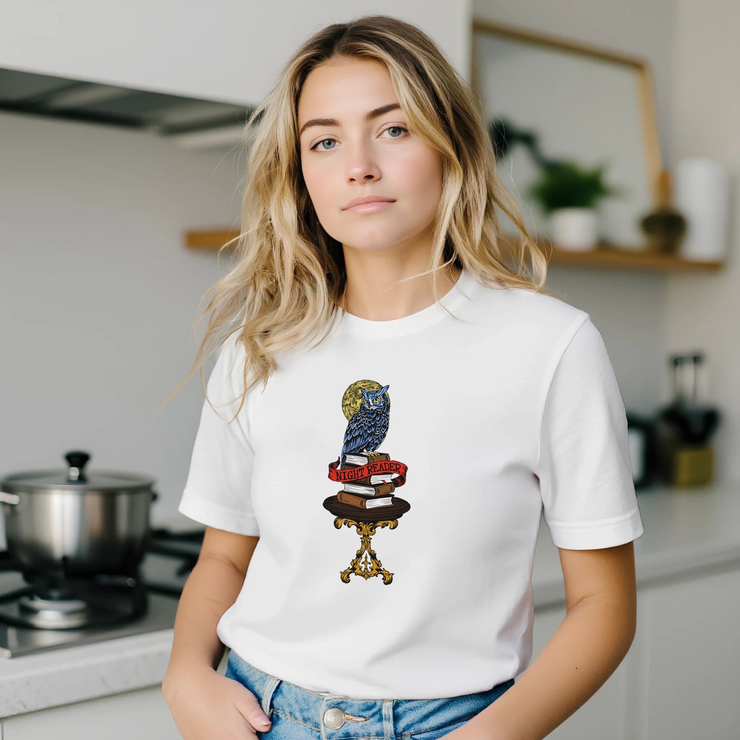 Night Reader Blue Owl Tee – Mystical Books & Moon – Unisex Bella+Canvas 3001 - Urban Muse & Sultry Hues