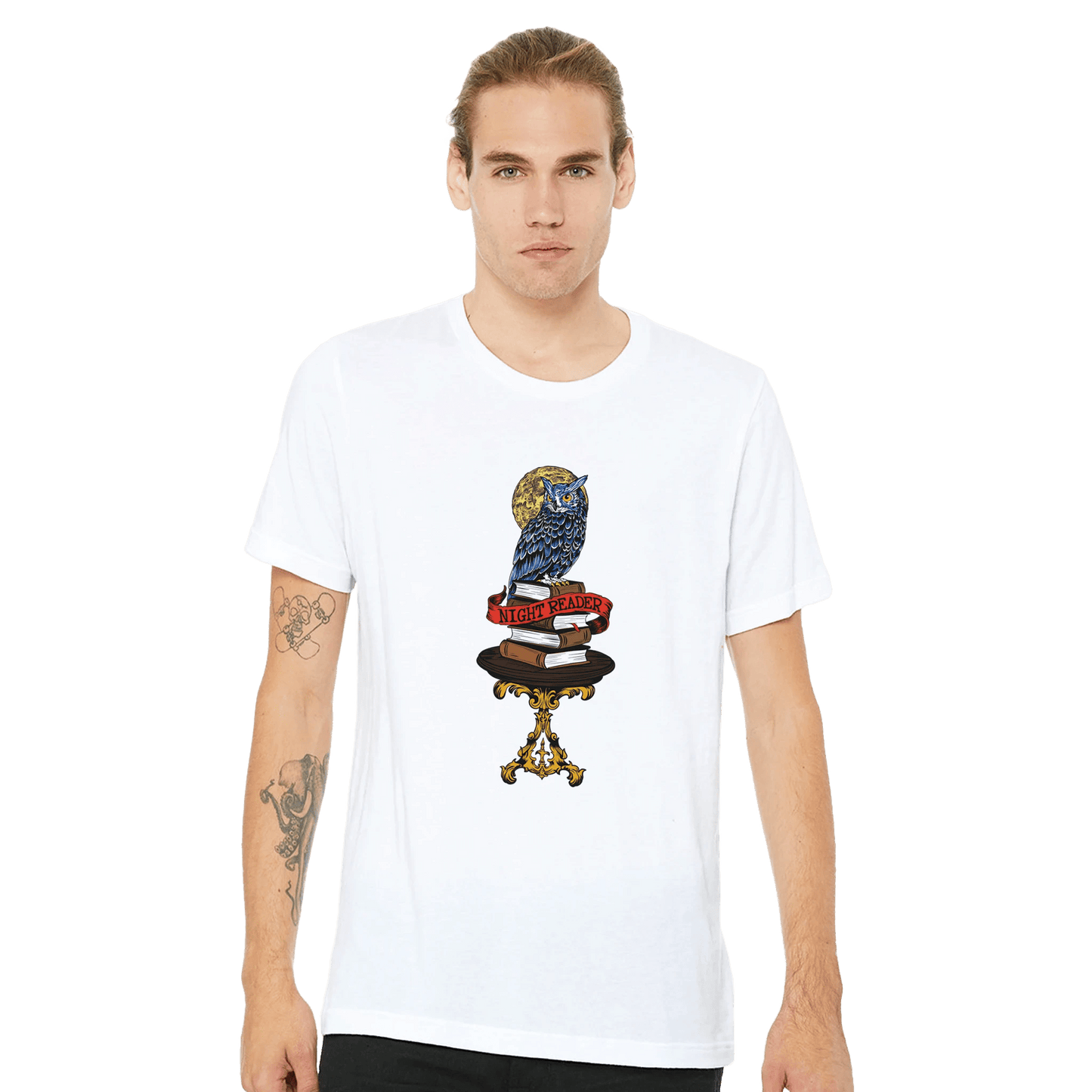 Night Reader Blue Owl Tee – Mystical Books & Moon – Unisex Bella+Canvas 3001 - Urban Muse & Sultry Hues