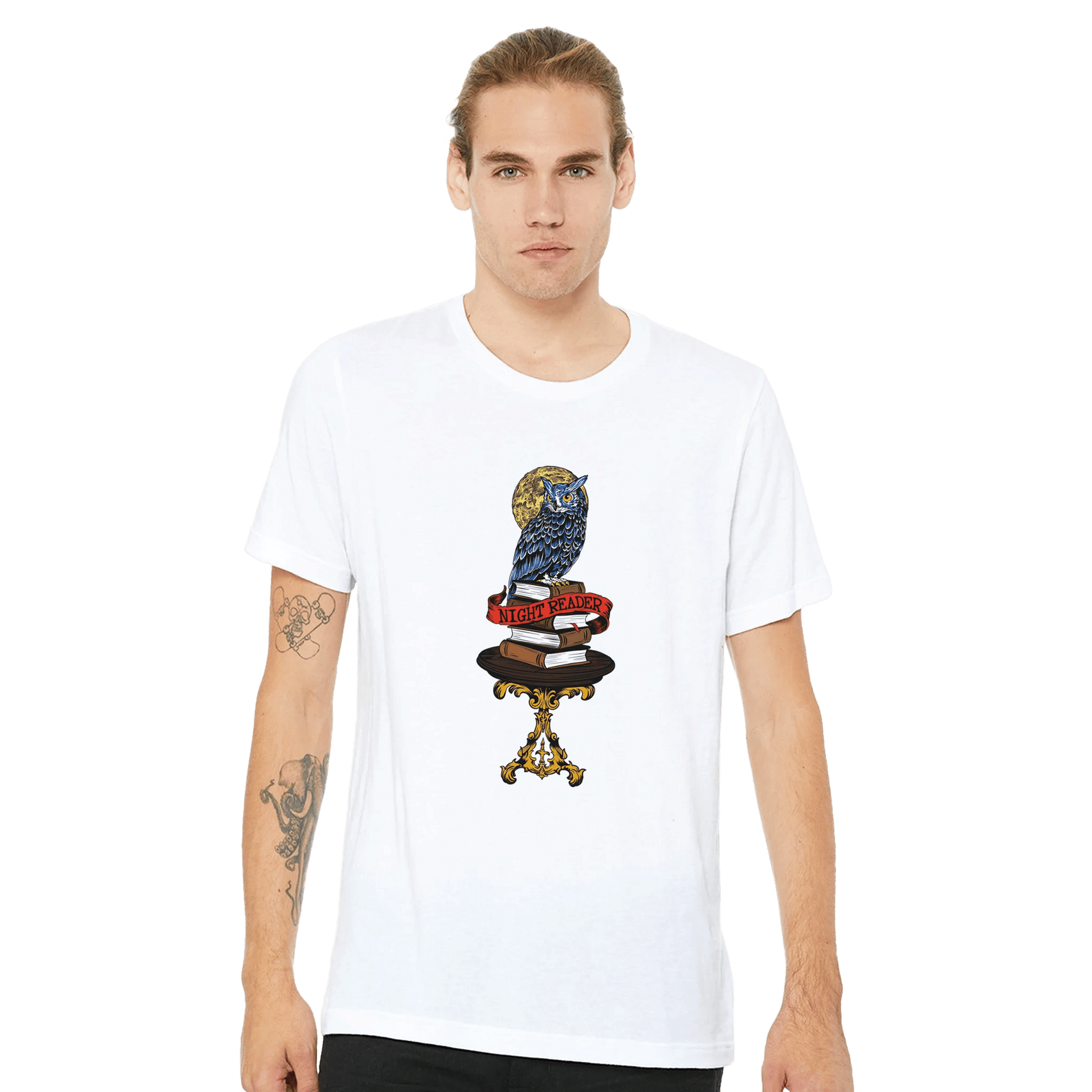 Night Reader Blue Owl Tee – Mystical Books & Moon – Unisex Bella+Canvas 3001 - Urban Muse & Sultry Hues