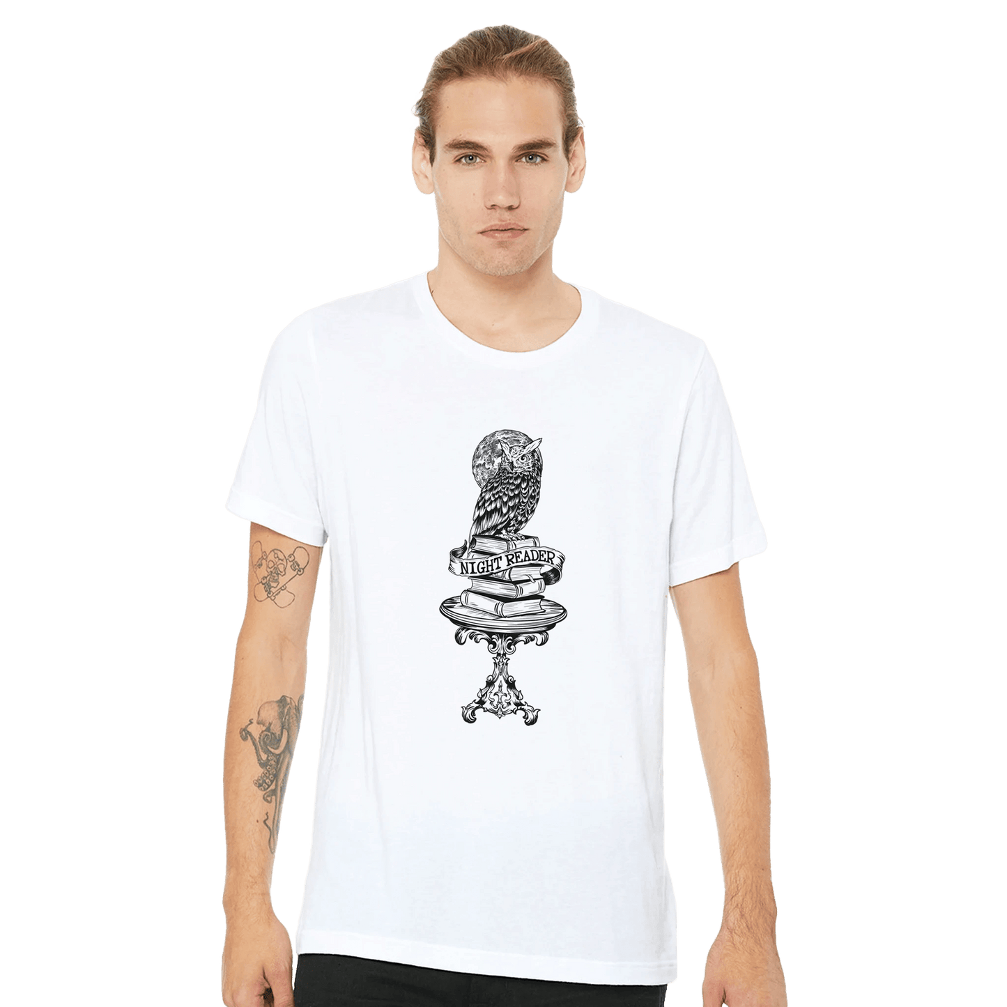 Night Reader Owl Black & White Outline – Unisex Bella+Canvas 3001 - Urban Muse & Sultry Hues