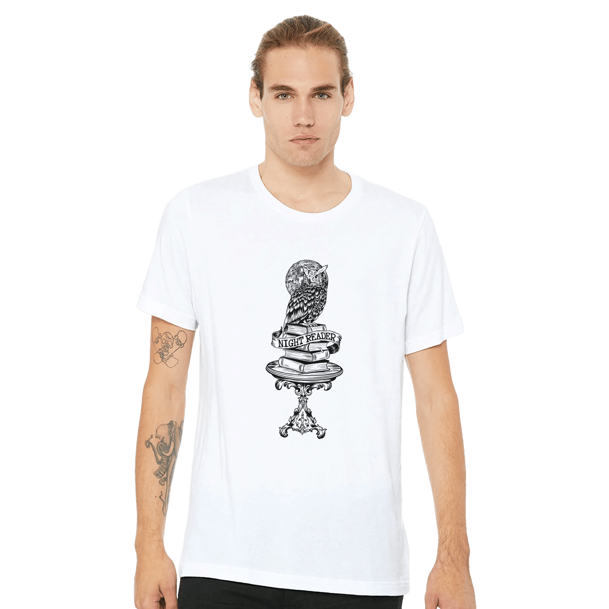 Night Reader Owl Black & White Outline – Unisex Bella+Canvas 3001 - Urban Muse & Sultry Hues