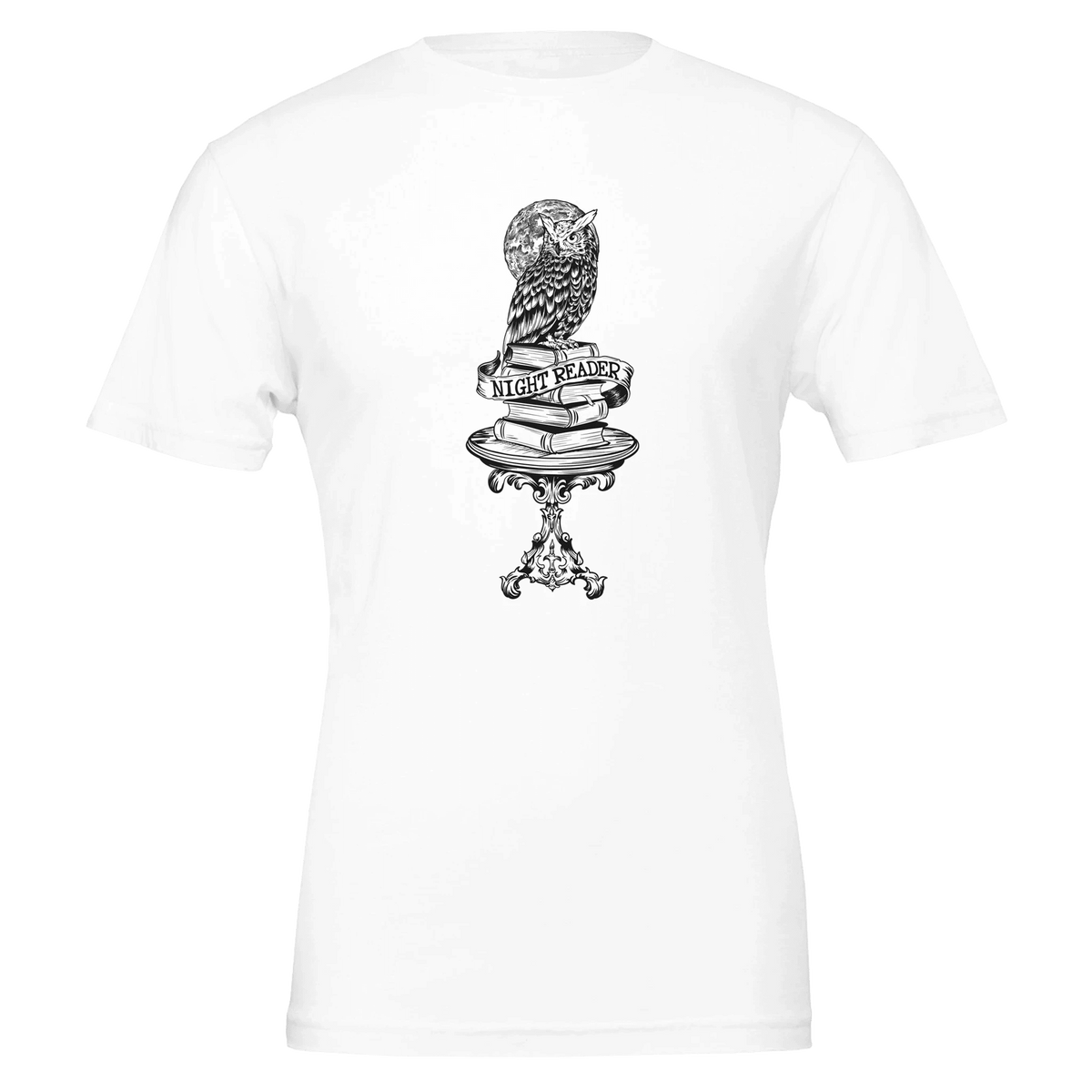 Night Reader Owl Black & White Outline – Unisex Bella+Canvas 3001 - Urban Muse & Sultry Hues