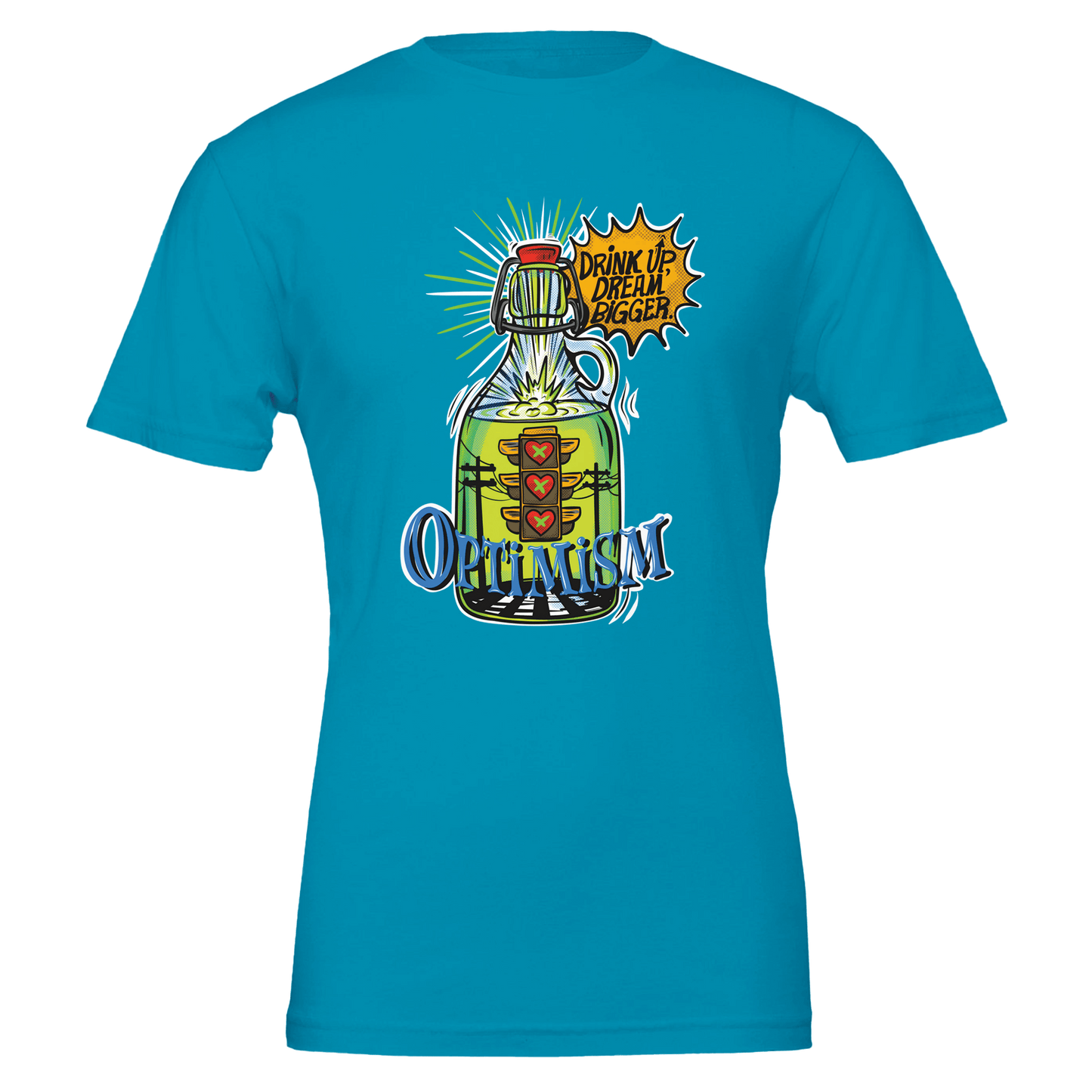 Optimism Energy - Drink Up, Dream Bigger Pop Art Bottle T-shirt - Urban Muse & Sultry Hues