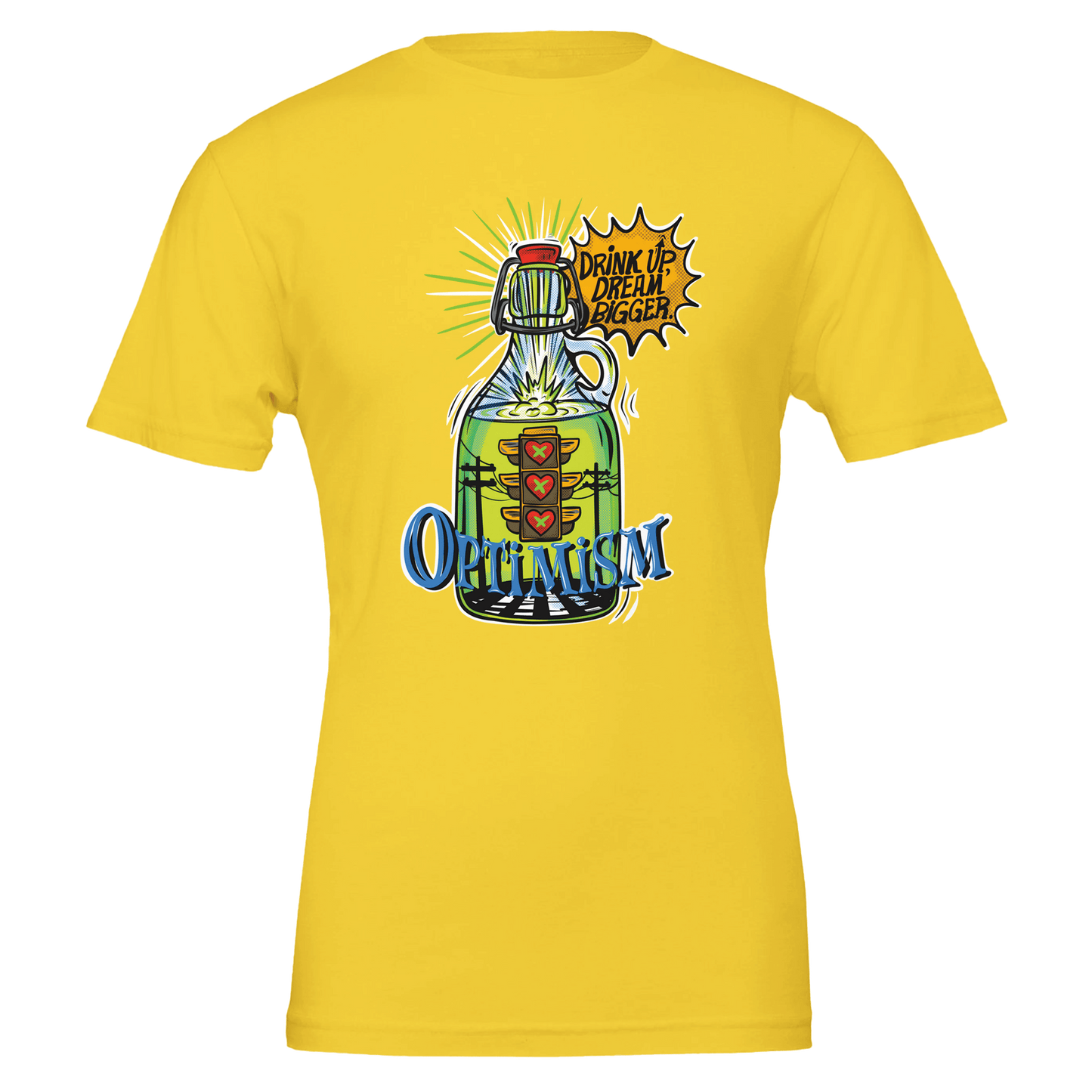 Optimism Energy - Drink Up, Dream Bigger Pop Art Bottle T-shirt - Urban Muse & Sultry Hues