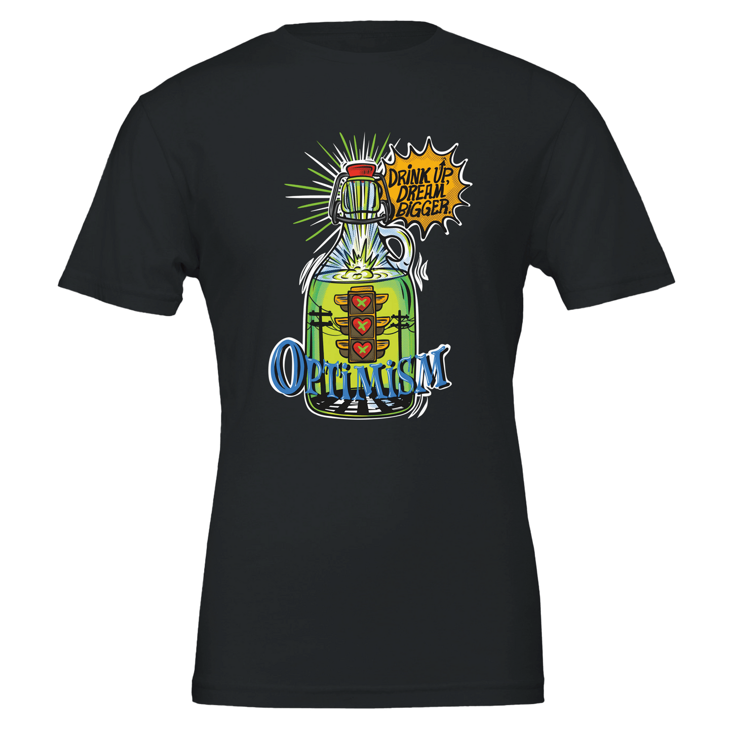 Optimism Energy - Drink Up, Dream Bigger Pop Art Bottle T-shirt - Urban Muse & Sultry Hues