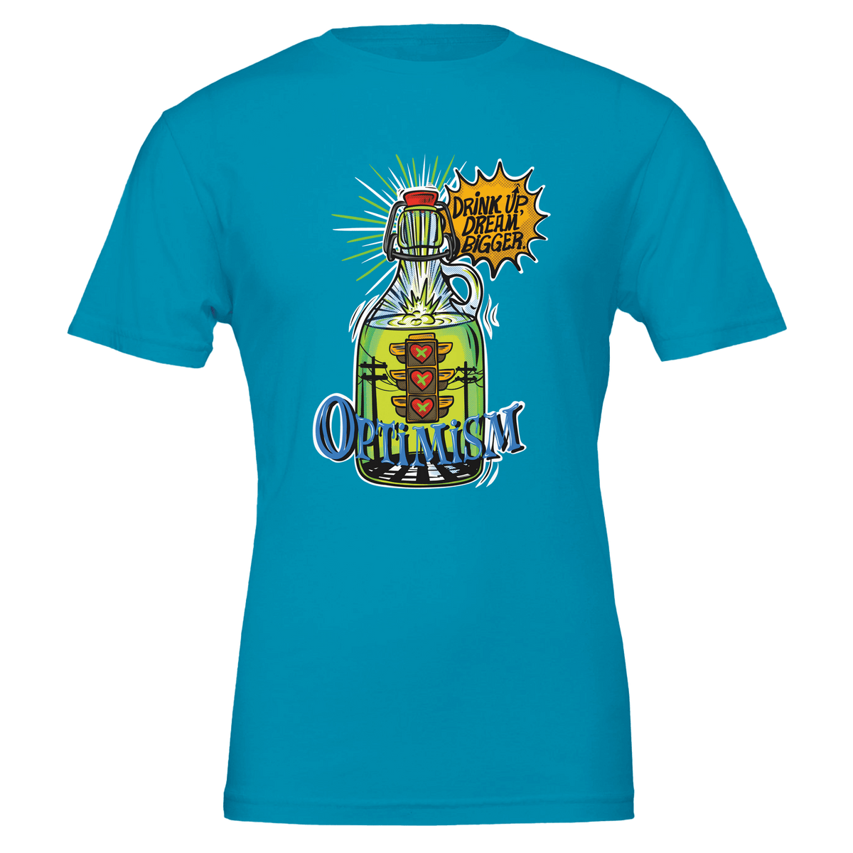 Optimism Energy - Drink Up, Dream Bigger Pop Art Bottle T-shirt - Urban Muse & Sultry Hues