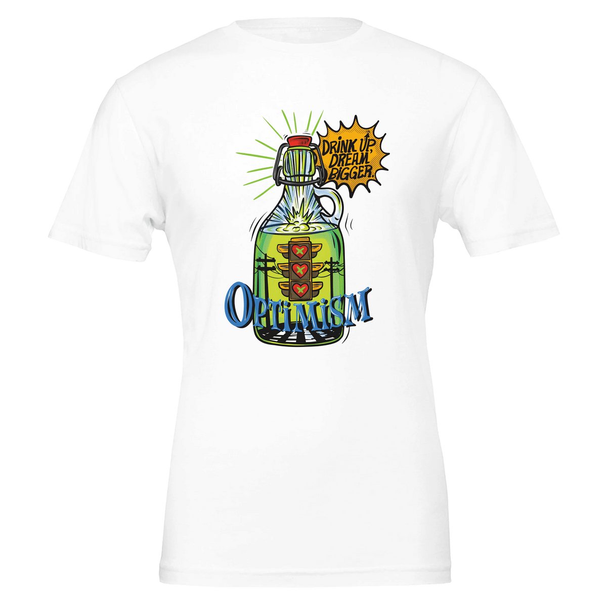 Optimism Energy - Drink Up, Dream Bigger Pop Art Bottle T-shirt - Urban Muse & Sultry Hues