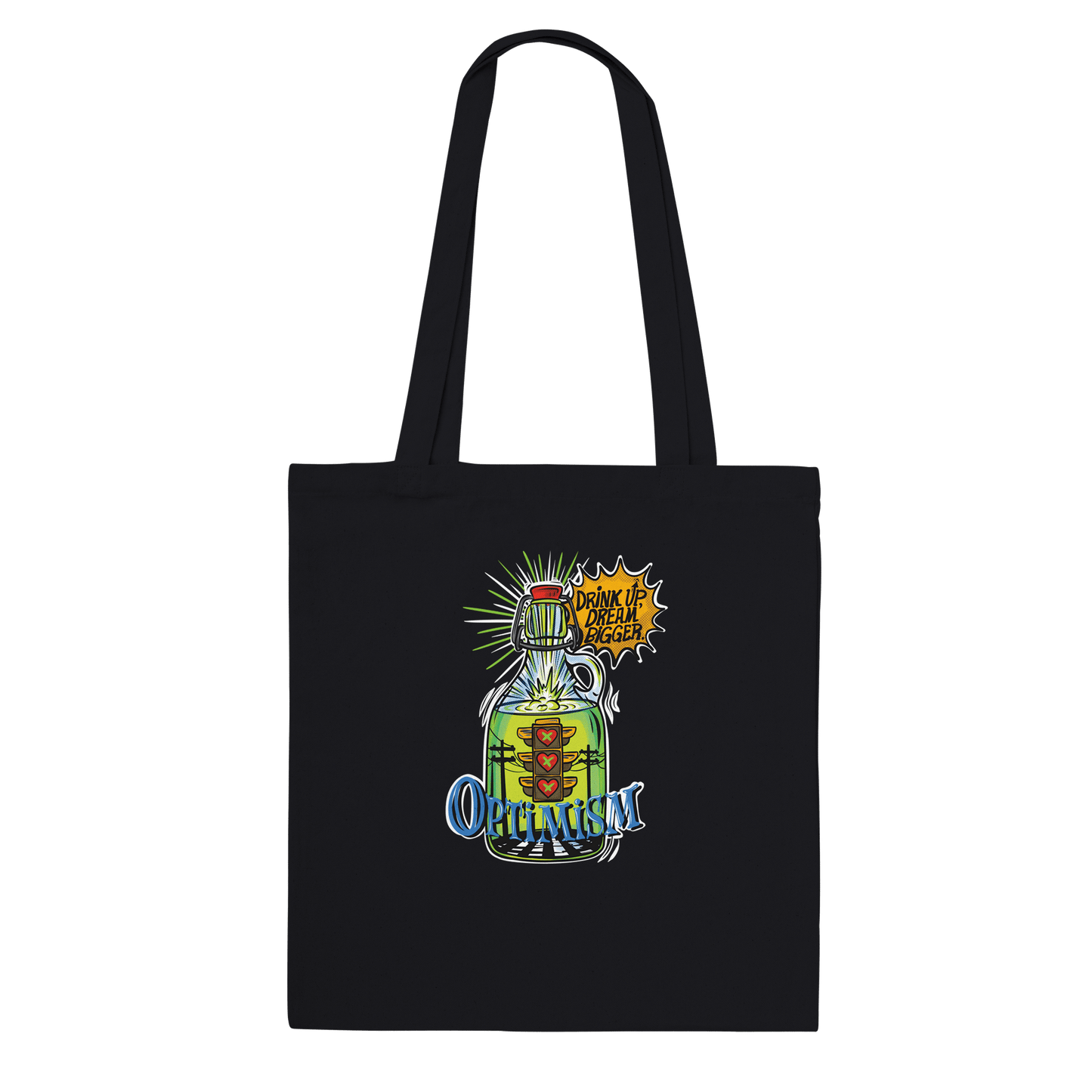 Optimism Energy - Drink Up, Dream Bigger Pop Art Bottle Totes - Urban Muse & Sultry Hues