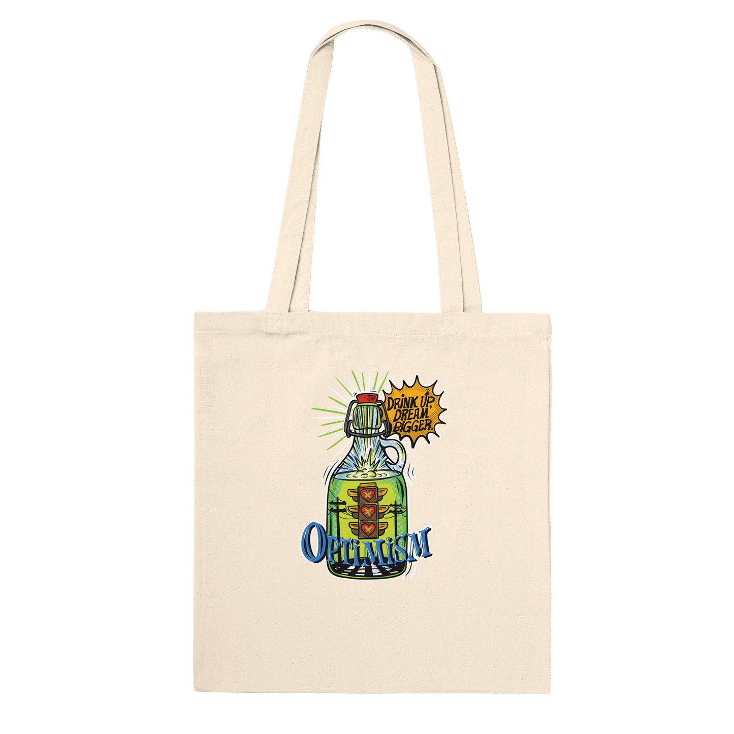 Optimism Energy - Drink Up, Dream Bigger Pop Art Bottle Totes - Urban Muse & Sultry Hues
