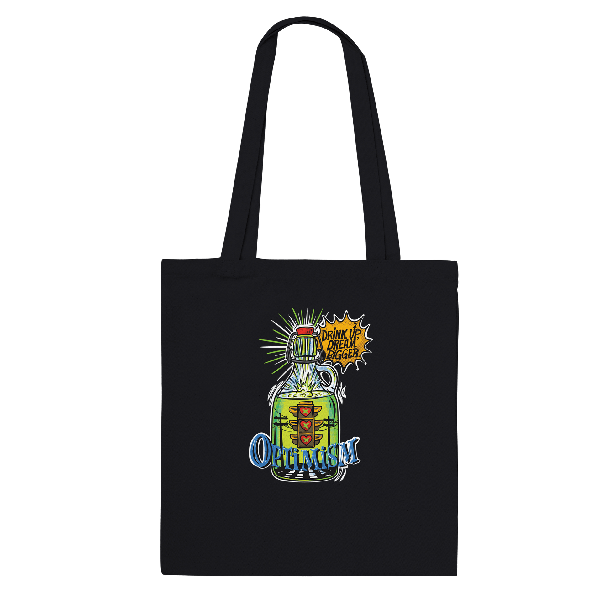 Optimism Energy - Drink Up, Dream Bigger Pop Art Bottle Totes - Urban Muse & Sultry Hues