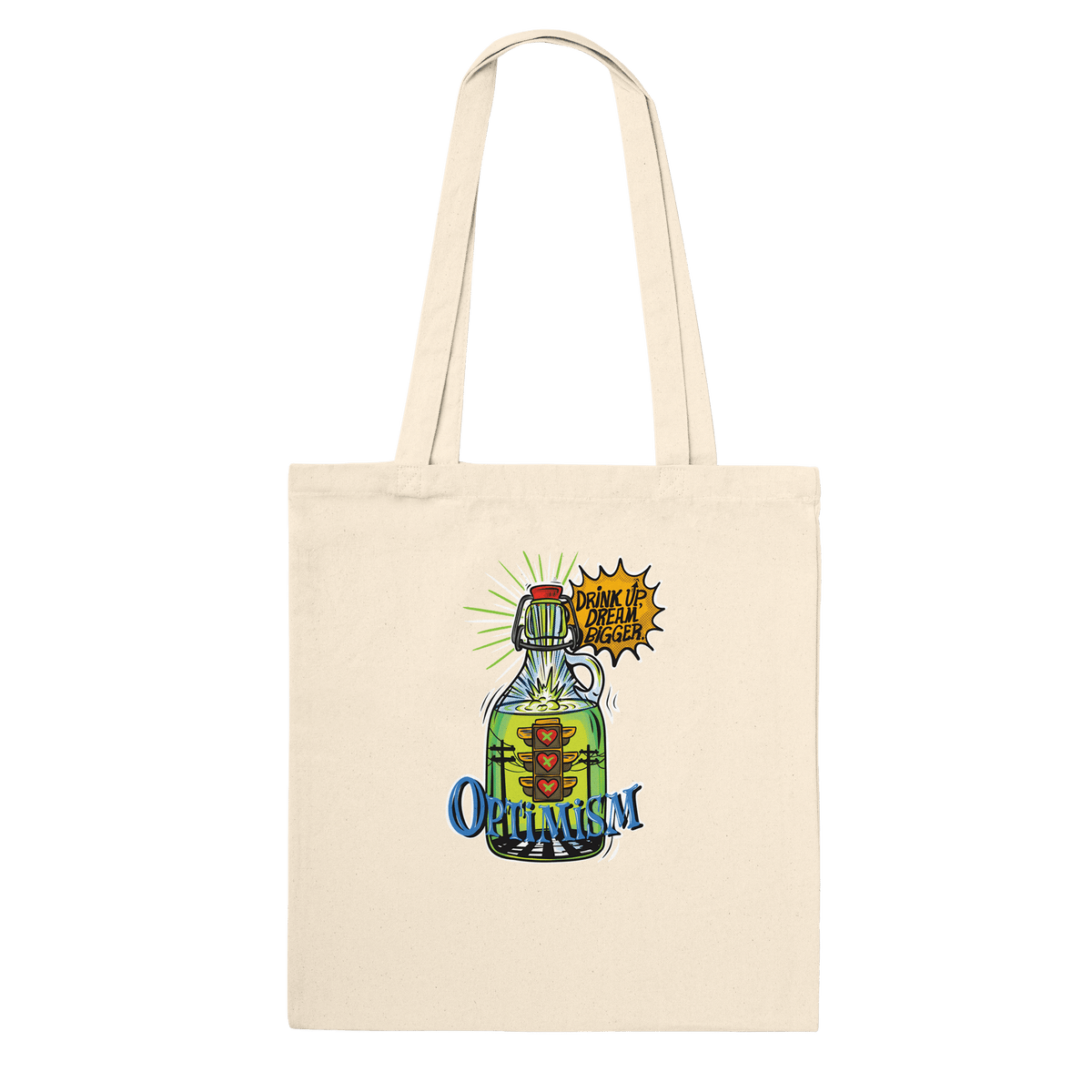 Optimism Energy - Drink Up, Dream Bigger Pop Art Bottle Totes - Urban Muse & Sultry Hues