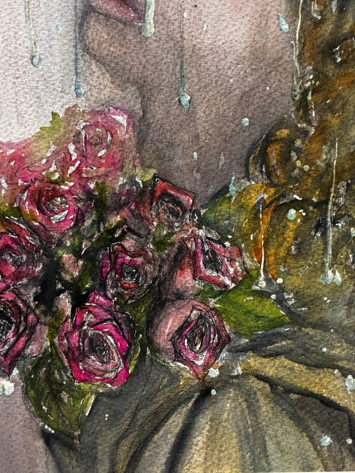 Pink Roses in the Rain – Dreamy Watercolor Inspired by Da Vinci – 9x12” - Urban Muse & Sultry Hues