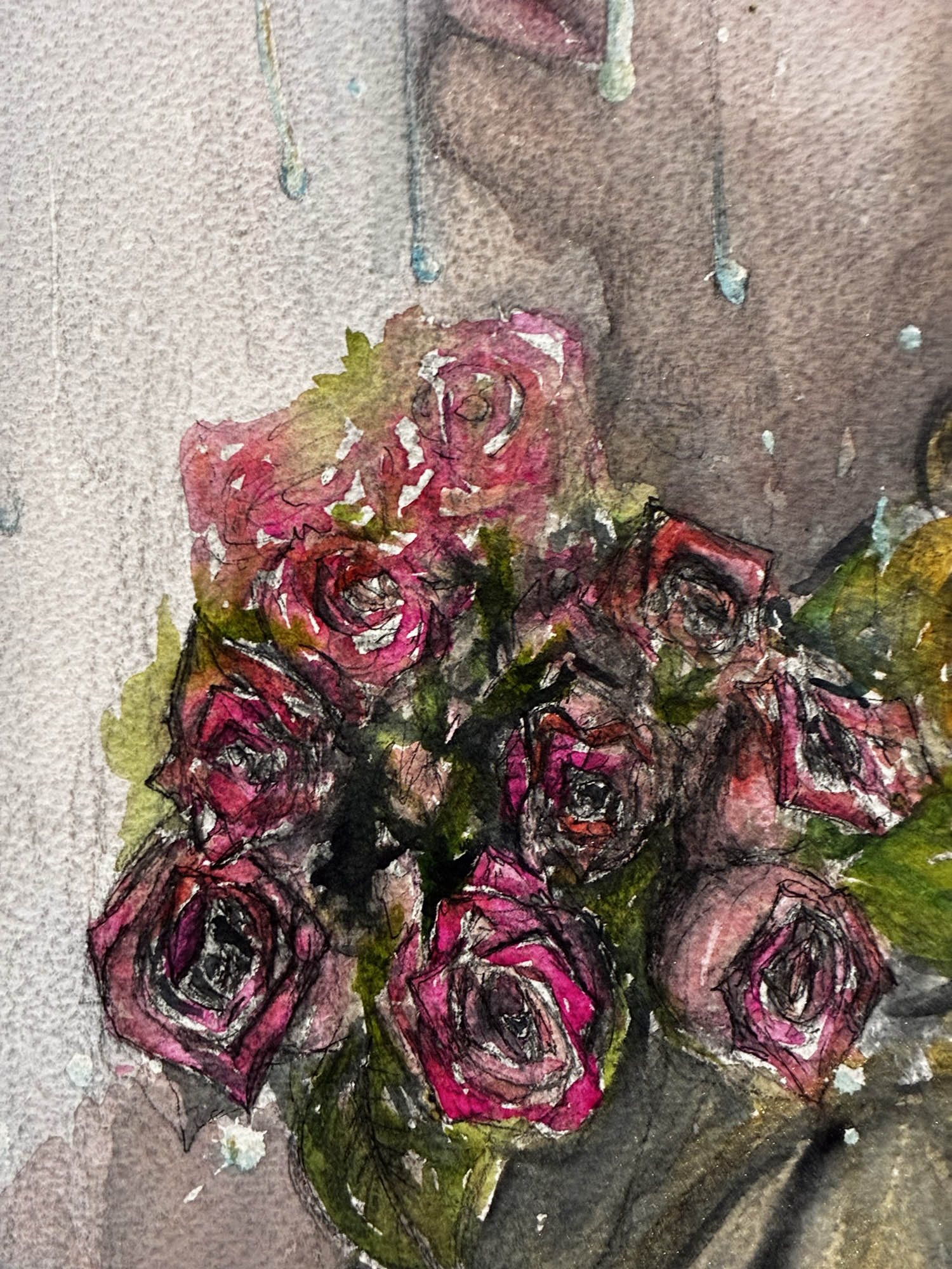 Pink Roses in the Rain – Dreamy Watercolor Inspired by Da Vinci – 9x12” - Urban Muse & Sultry Hues