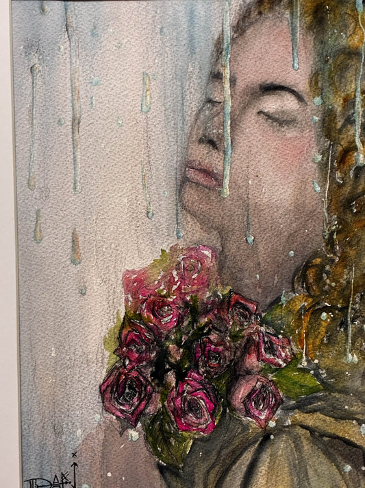 Pink Roses in the Rain – Dreamy Watercolor Inspired by Da Vinci – 9x12” - Urban Muse & Sultry Hues