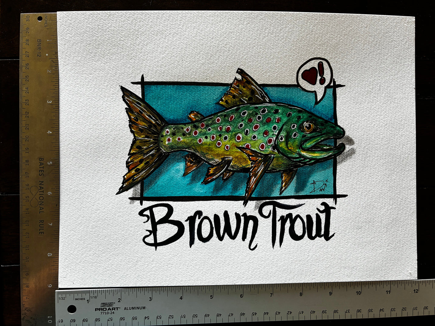 Playful Brown Trout Watercolor Painting with Heart Bubble – 8x10” - Urban Muse & Sultry Hues