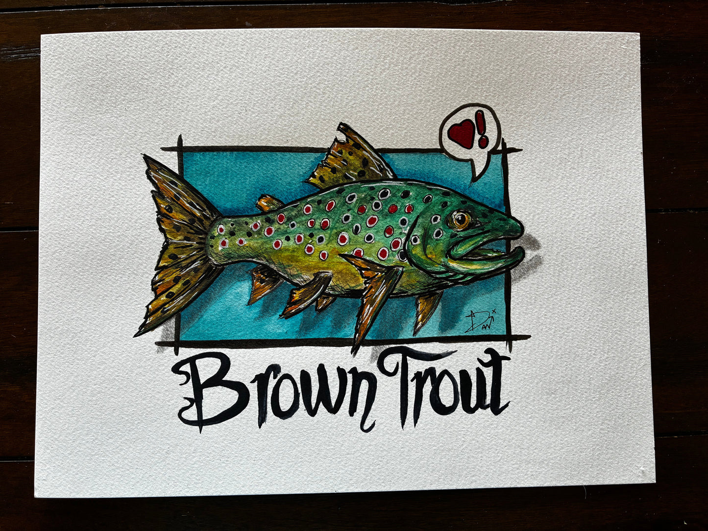 Playful Brown Trout Watercolor Painting with Heart Bubble – 8x10” - Urban Muse & Sultry Hues