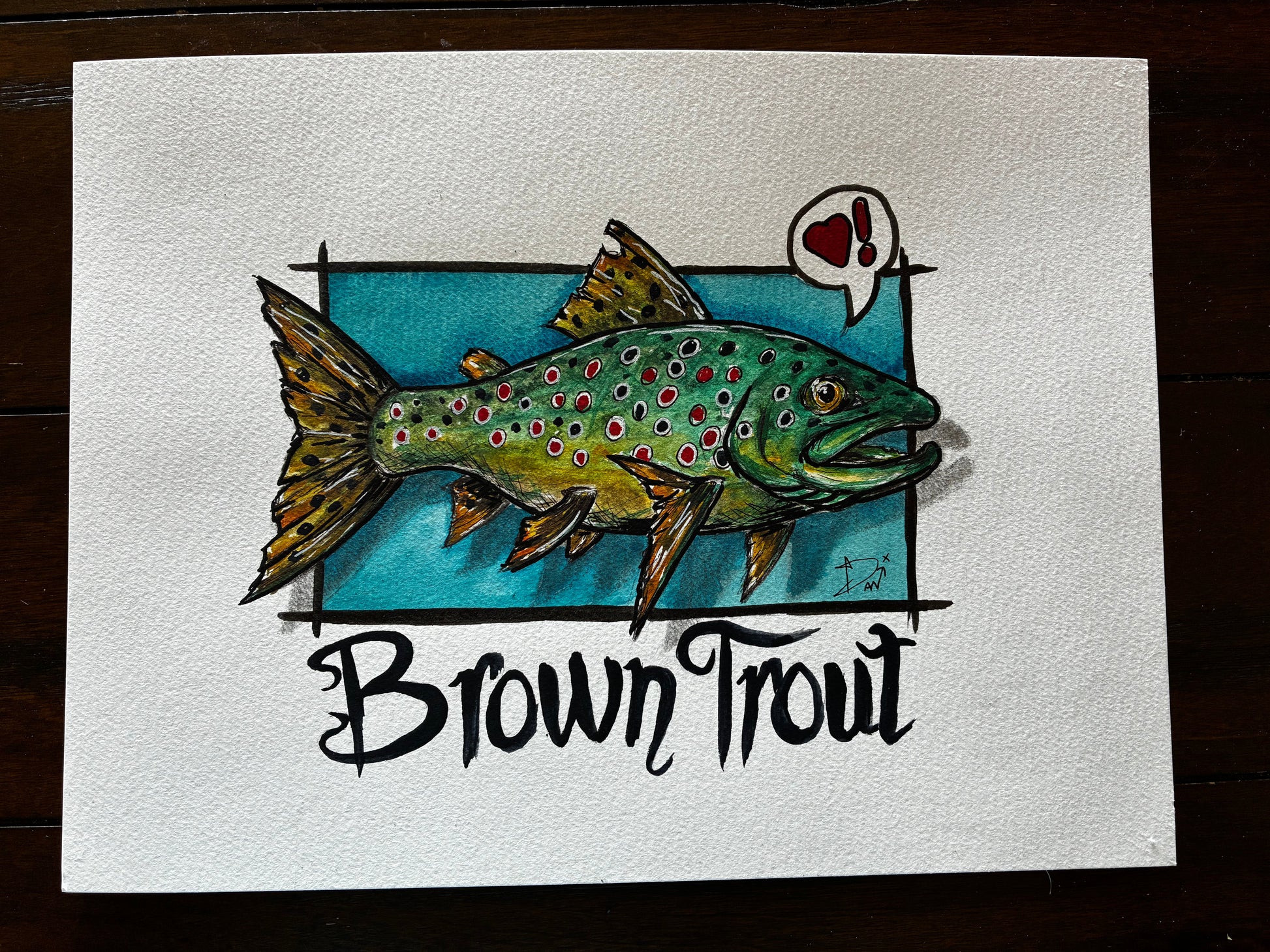 Playful Brown Trout Watercolor Painting with Heart Bubble – 8x10” - Urban Muse & Sultry Hues
