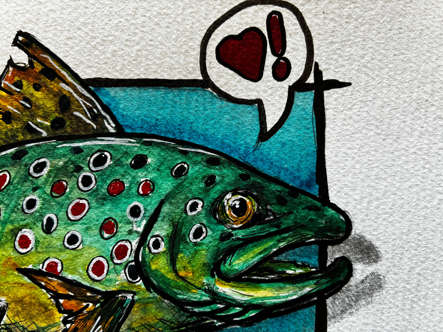 Playful Brown Trout Watercolor Painting with Heart Bubble – 8x10” - Urban Muse & Sultry Hues