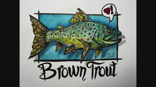 Playful Brown Trout Watercolor Painting with Heart Bubble – 8x10”