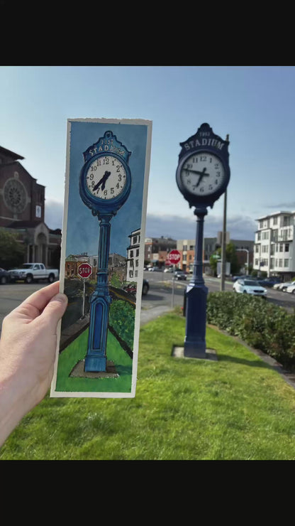 Blue Stadium Clock — Original Watercolor Painting