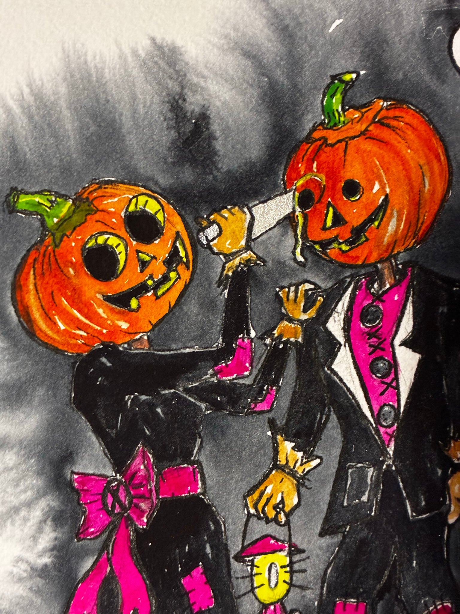 Pumpkin Couple “Vision Innovation Clarity” – Romantic Halloween Watercolor - Urban Muse & Sultry Hues