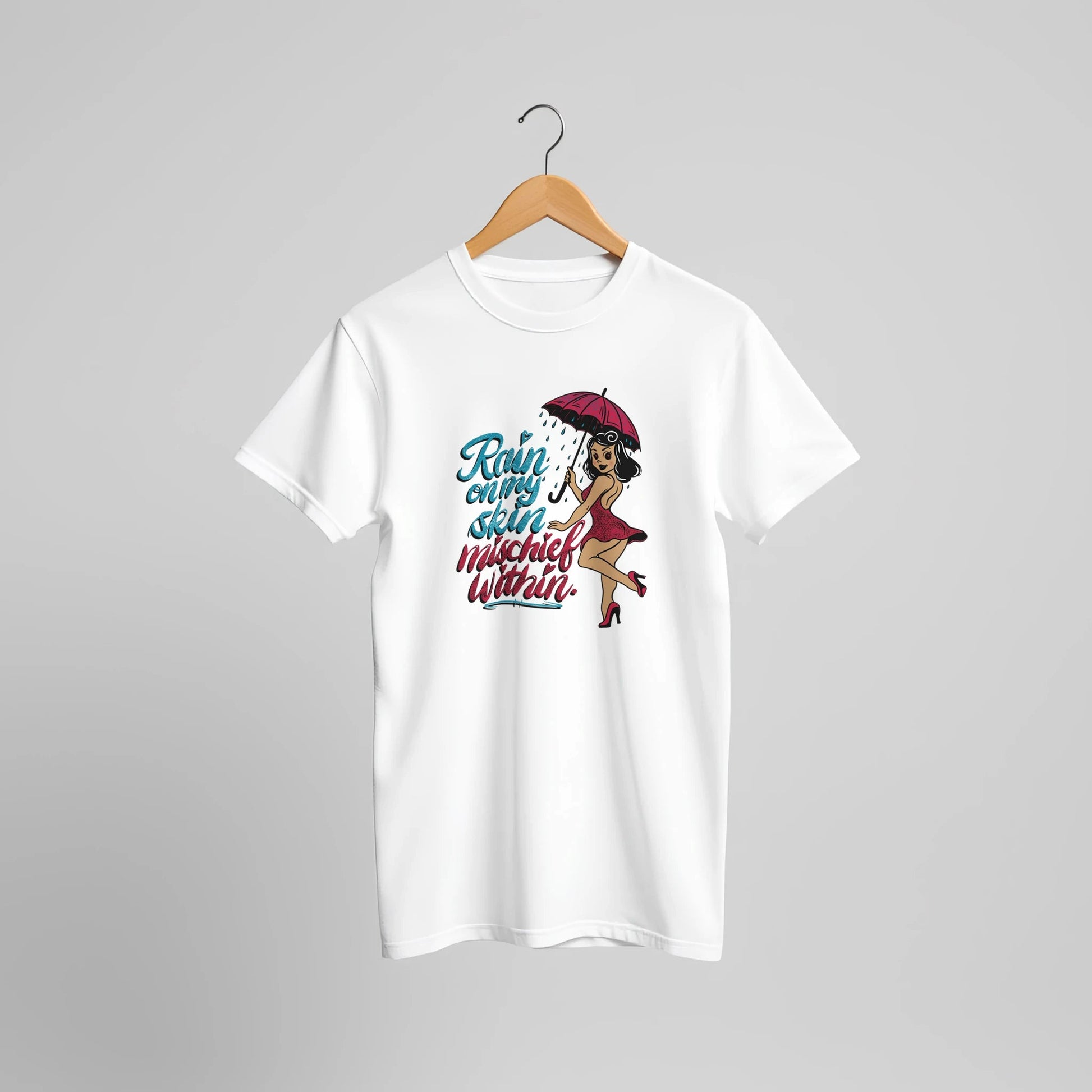 Rain on My Skin, Mischief Within Pin - Up Tee – Unisex Bella+Canvas 3001 - Urban Muse & Sultry Hues