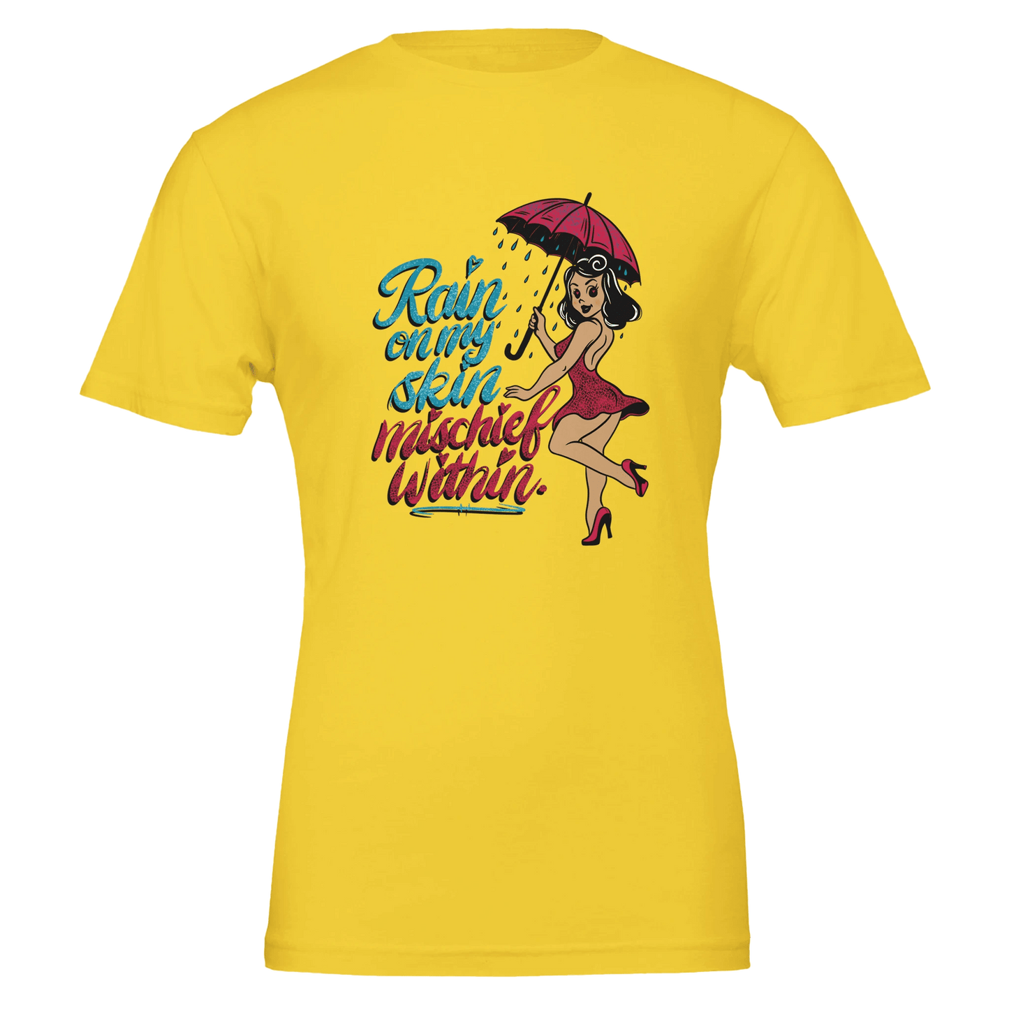 Rain on My Skin, Mischief Within Pin - Up Tee – Unisex Bella+Canvas 3001 - Urban Muse & Sultry Hues