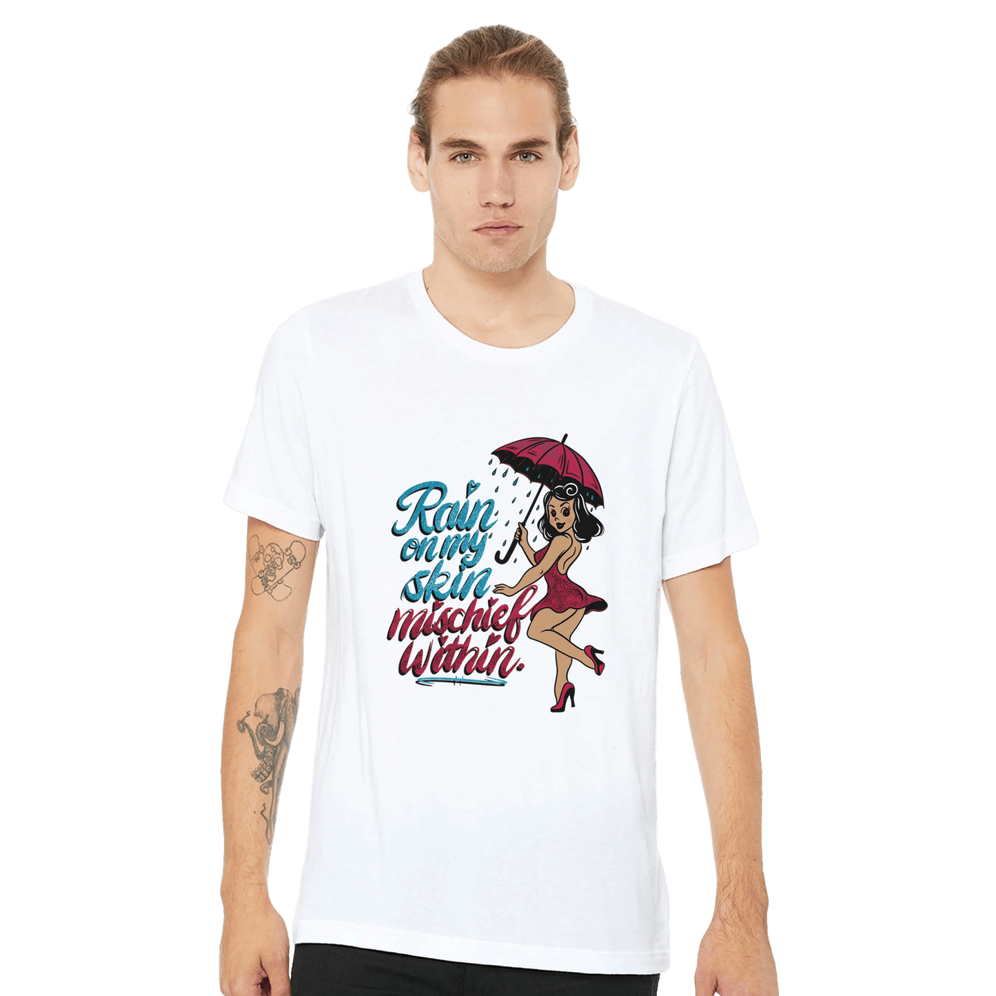Rain on My Skin, Mischief Within Pin - Up Tee – Unisex Bella+Canvas 3001 - Urban Muse & Sultry Hues