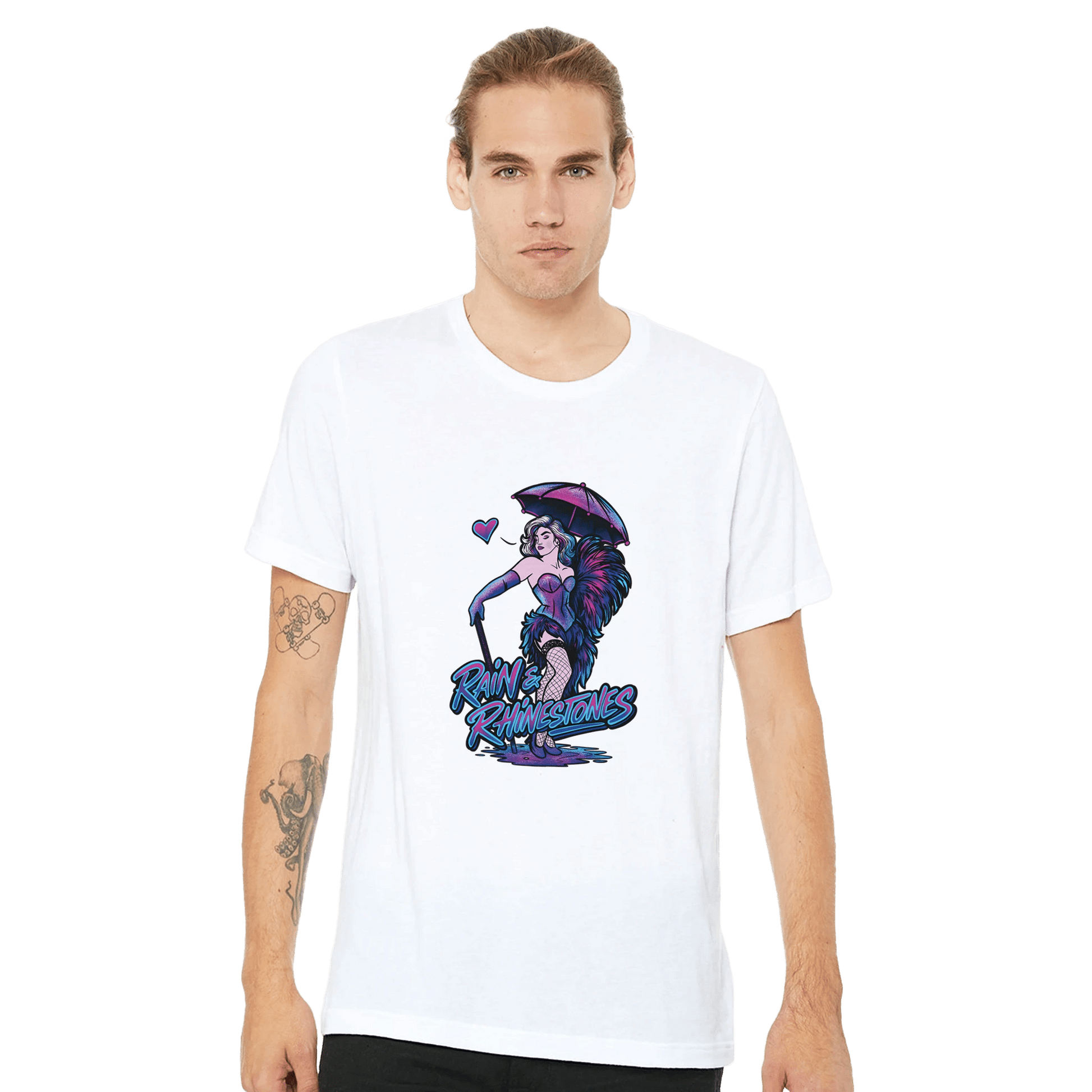 Rain & Rhinestones Burlesque Diva Tee – Neon Pink & Blue – Unisex Bella+Canvas 3001 - Urban Muse & Sultry Hues