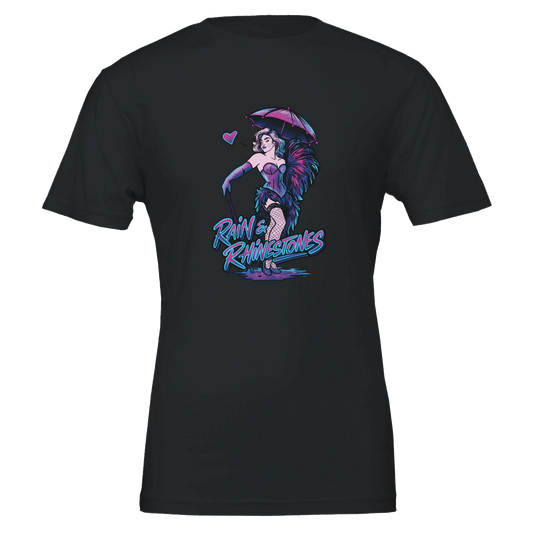 Rain & Rhinestones Burlesque Diva Tee – Neon Pink & Blue – Unisex Bella+Canvas 3001 - Urban Muse & Sultry Hues
