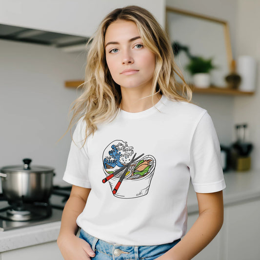 Ramen Wave Takeout Tee – Great Wave & Chopsticks – Unisex Bella+Canvas 3001 - Urban Muse & Sultry Hues