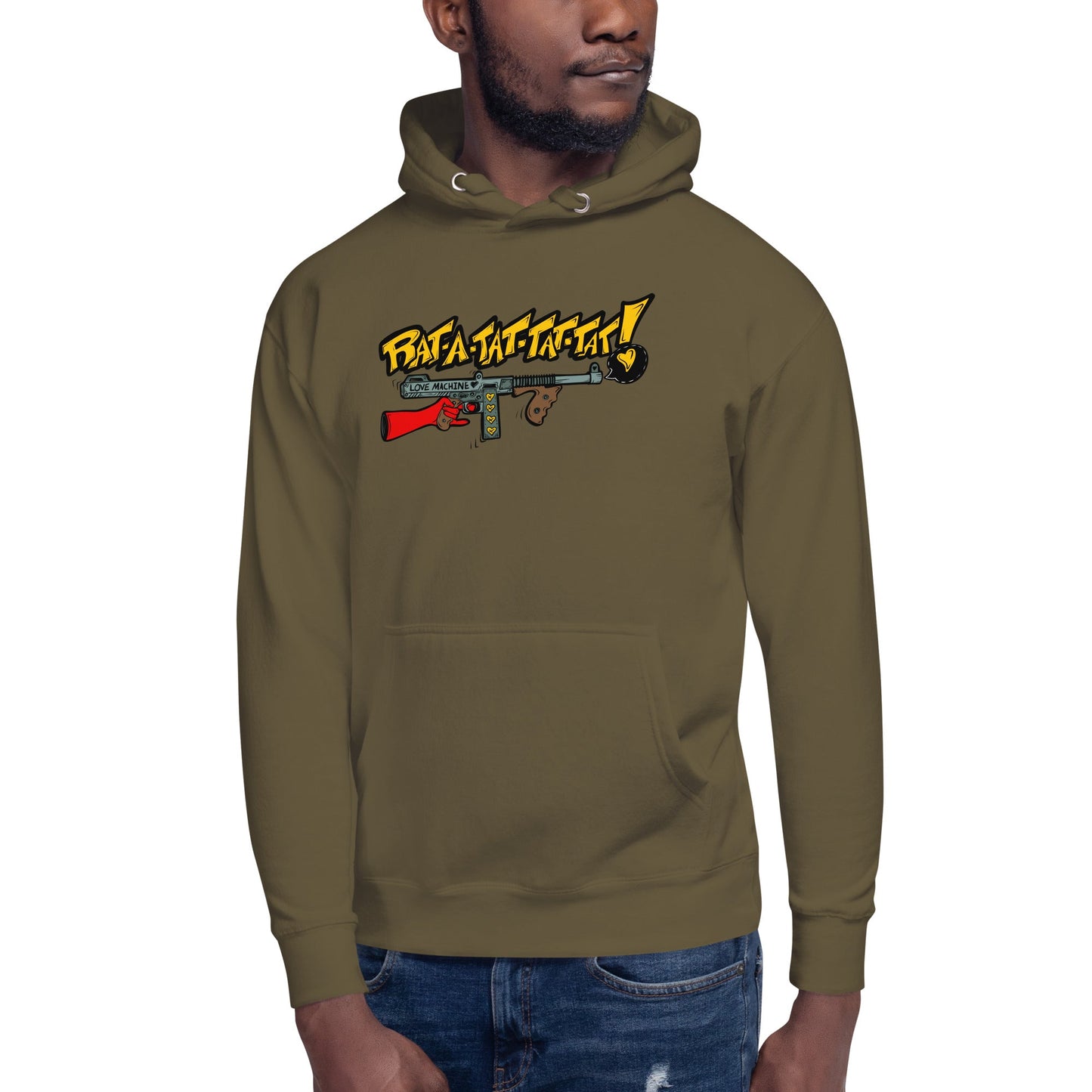 Rat-A-Tat-Tat Pop Art Love Machine Tommy Gun Unisex Hoodie - Urban Muse & Sultry Hues