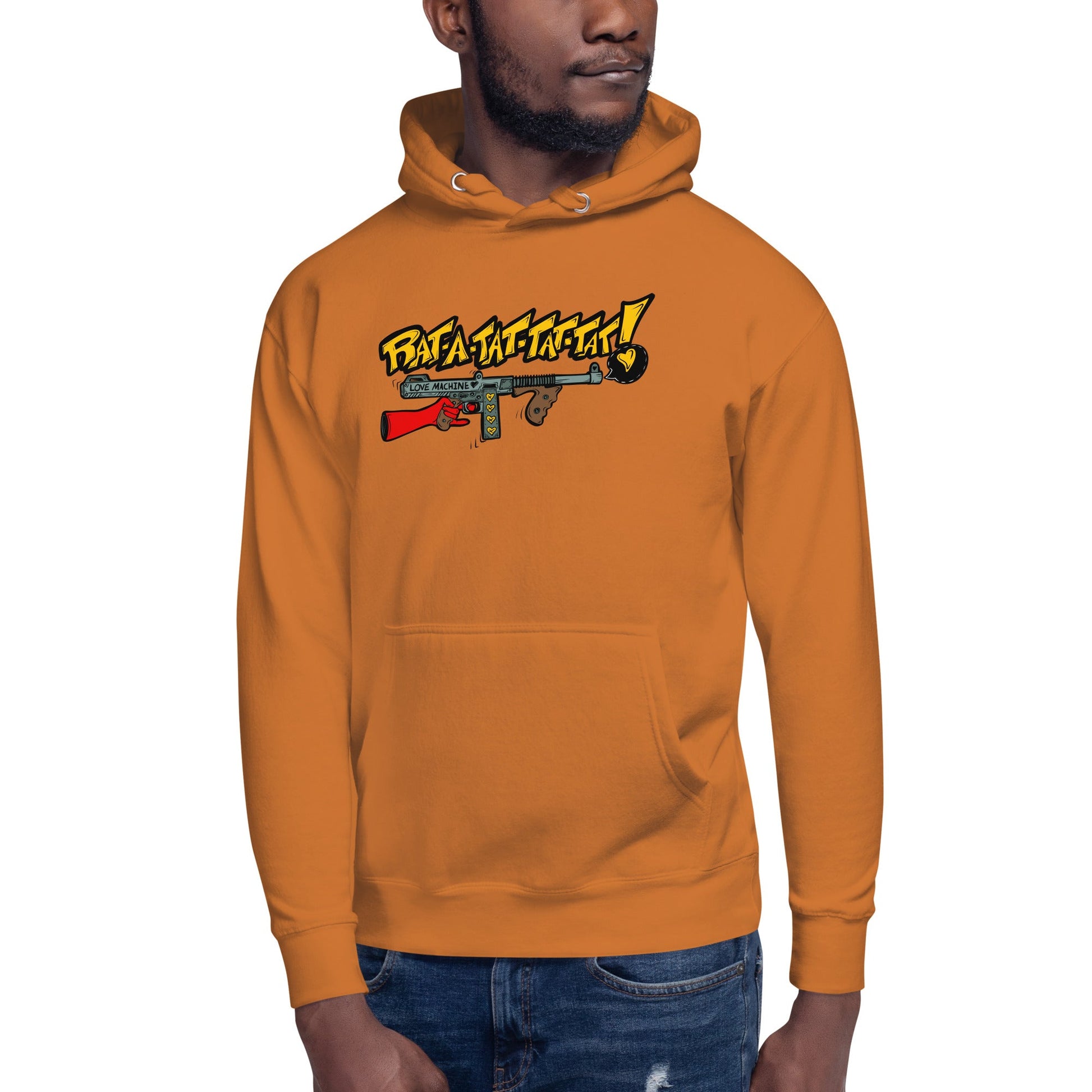 Rat-A-Tat-Tat Pop Art Love Machine Tommy Gun Unisex Hoodie - Urban Muse & Sultry Hues