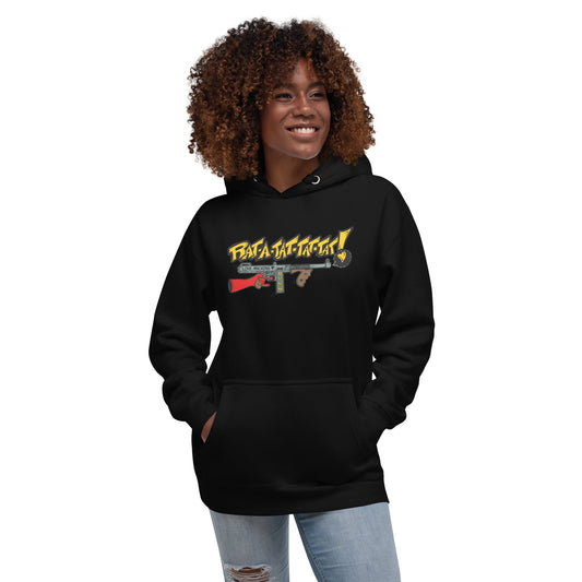 Rat-A-Tat-Tat Pop Art Love Machine Tommy Gun Unisex Hoodie - Urban Muse & Sultry Hues