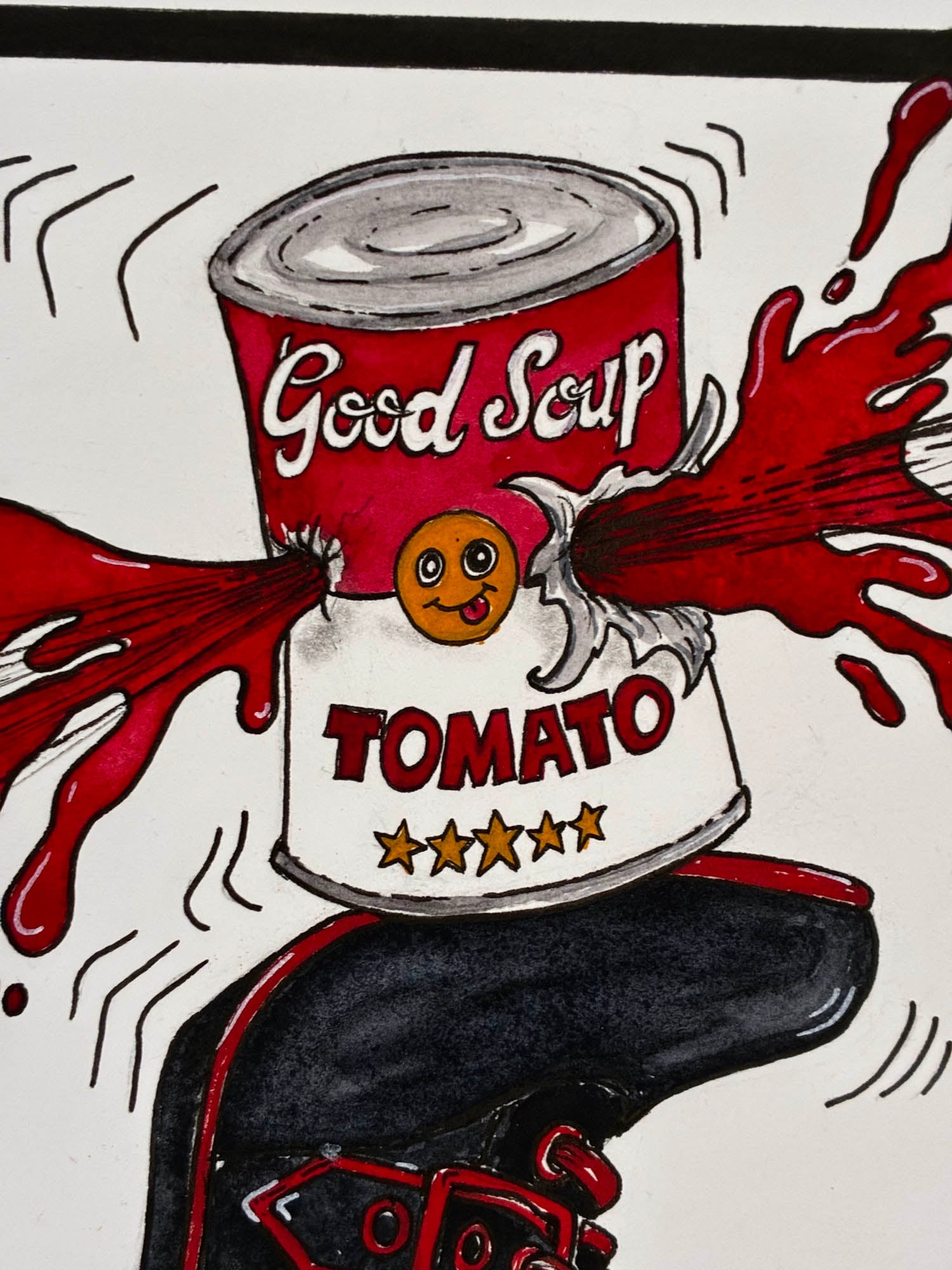 Raw Art Monthly Post Cover: Fetish Boot Kicks Warhol Soup Can – 15x19” - Urban Muse & Sultry Hues