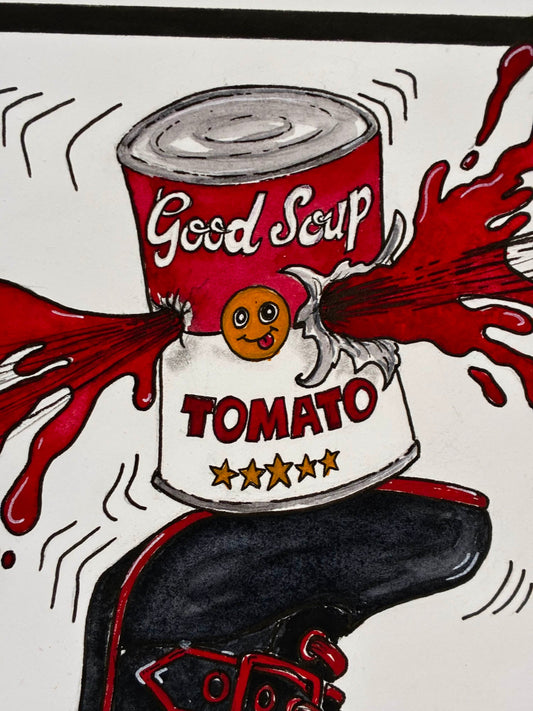 Raw Art Monthly Post Cover: Fetish Boot Kicks Warhol Soup Can – 15x19” - Urban Muse & Sultry Hues