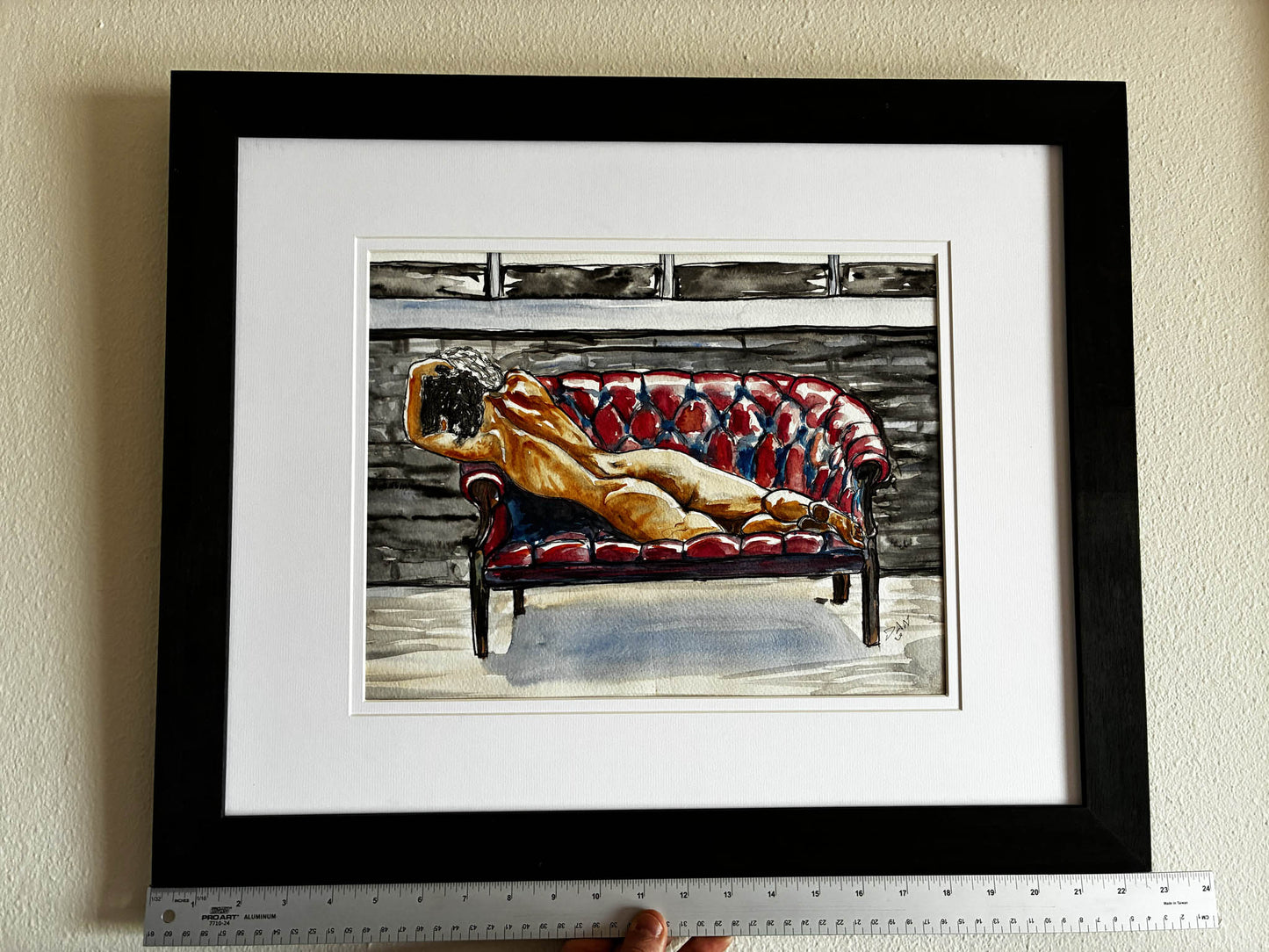 Reclining Nude on Red Couch Watercolor – Sensual Female Figure Art, Framed 19x23 - Urban Muse & Sultry Hues