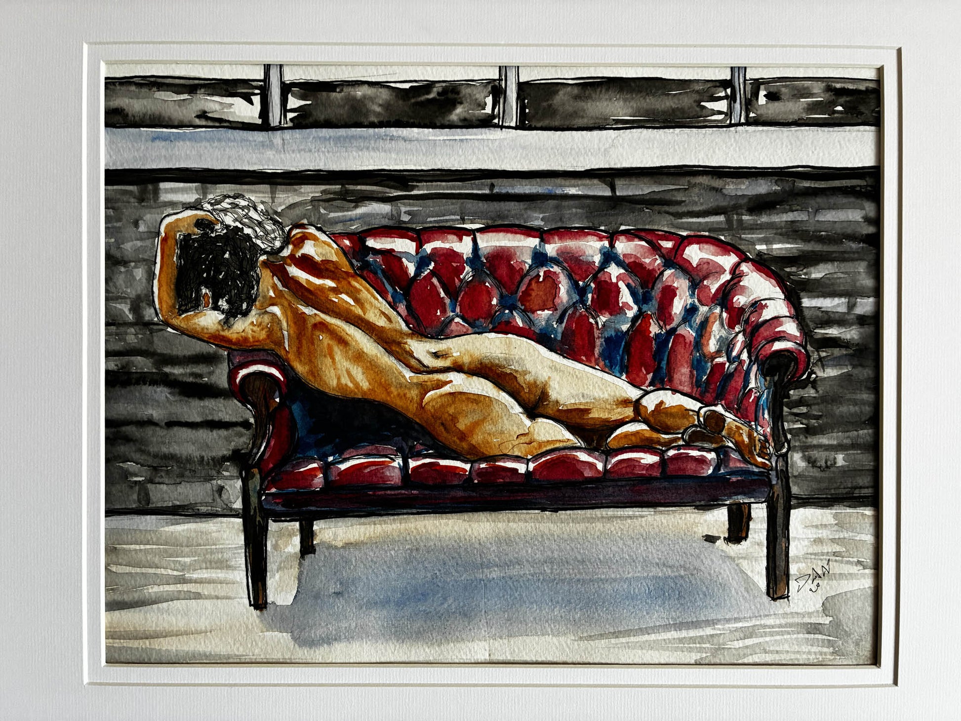 Reclining Nude on Red Couch Watercolor – Sensual Female Figure Art, Framed 19x23 - Urban Muse & Sultry Hues