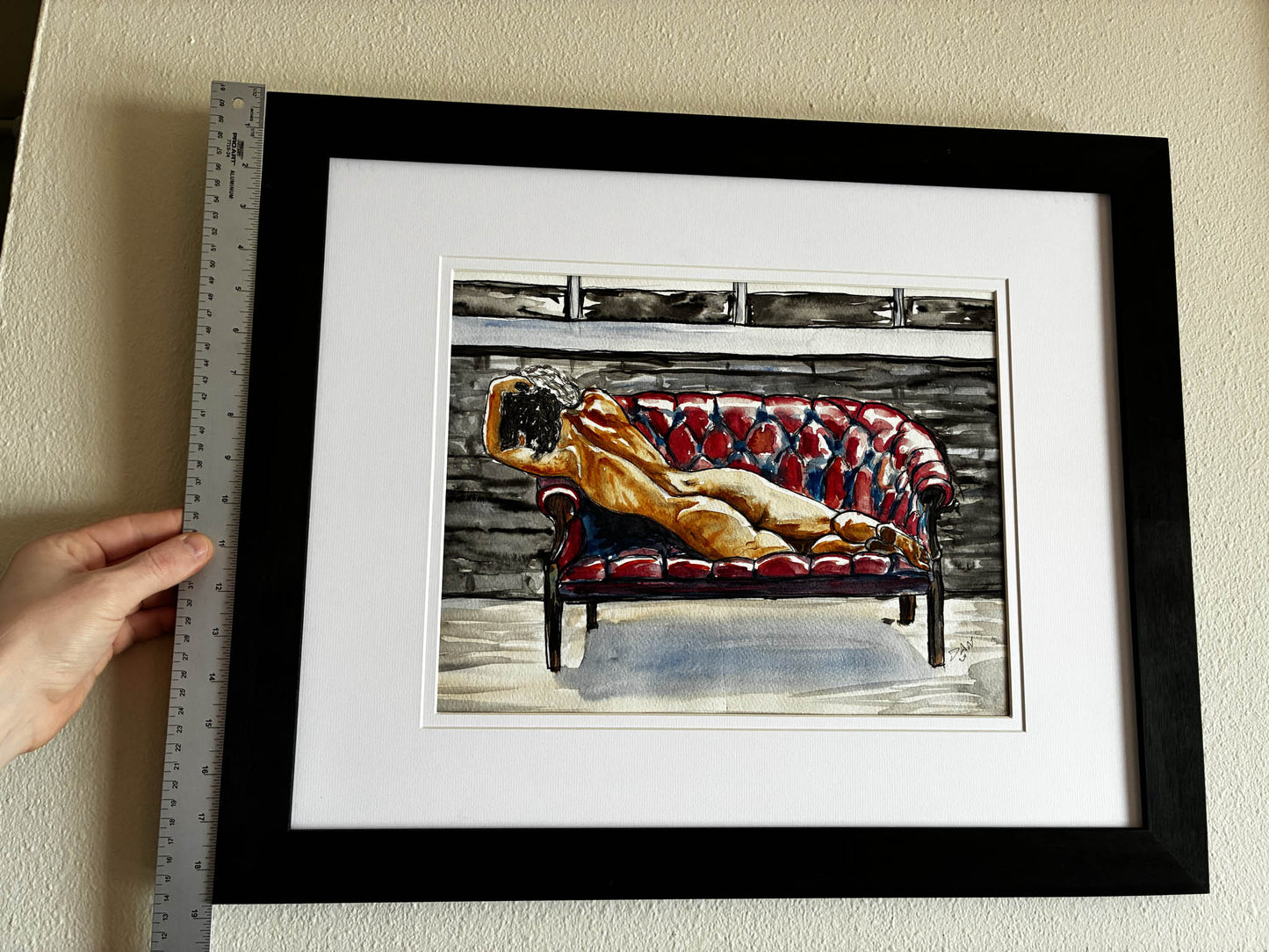 Reclining Nude on Red Couch Watercolor – Sensual Female Figure Art, Framed 19x23 - Urban Muse & Sultry Hues
