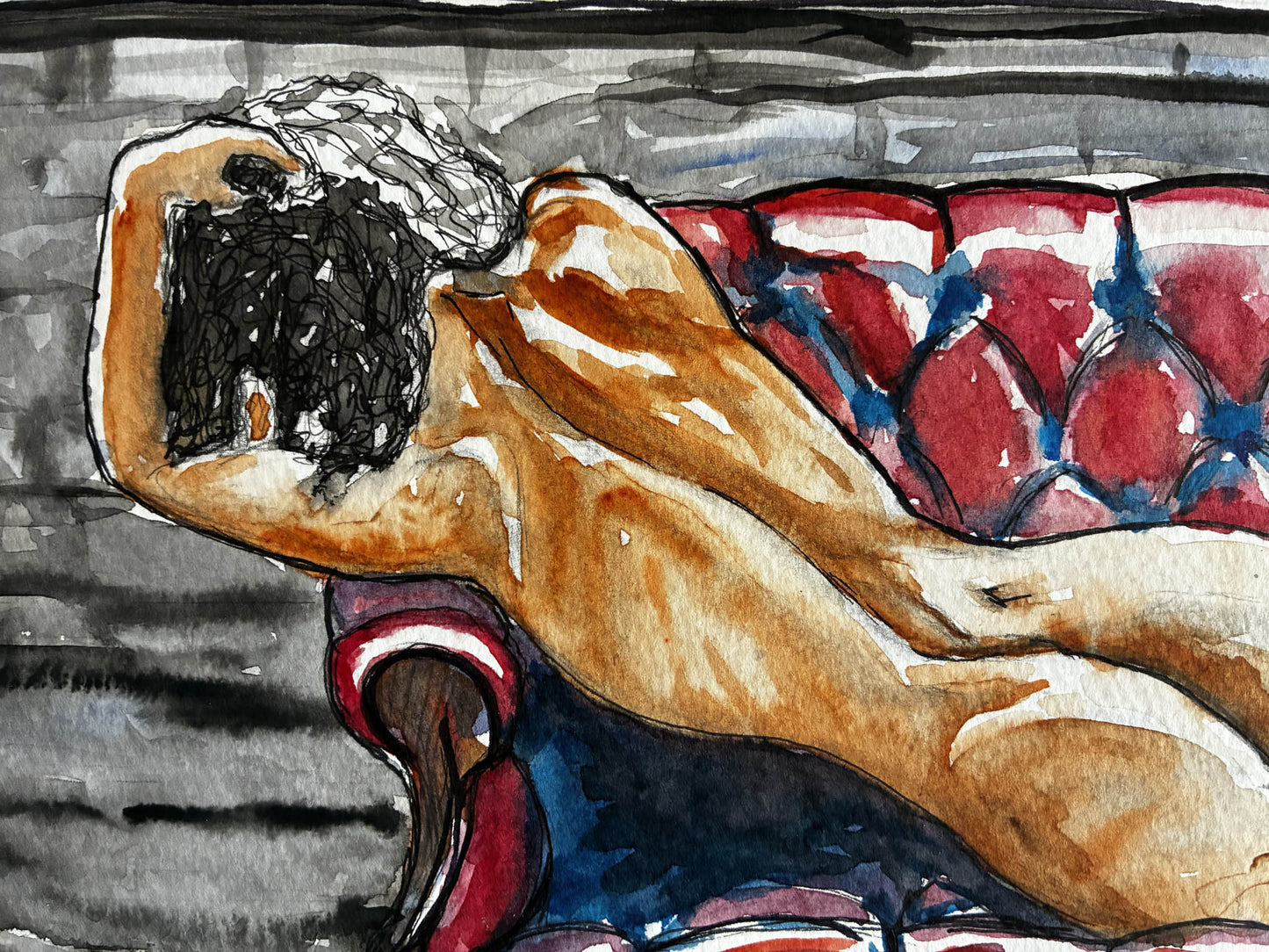 Reclining Nude on Red Couch Watercolor – Sensual Female Figure Art, Framed 19x23 - Urban Muse & Sultry Hues