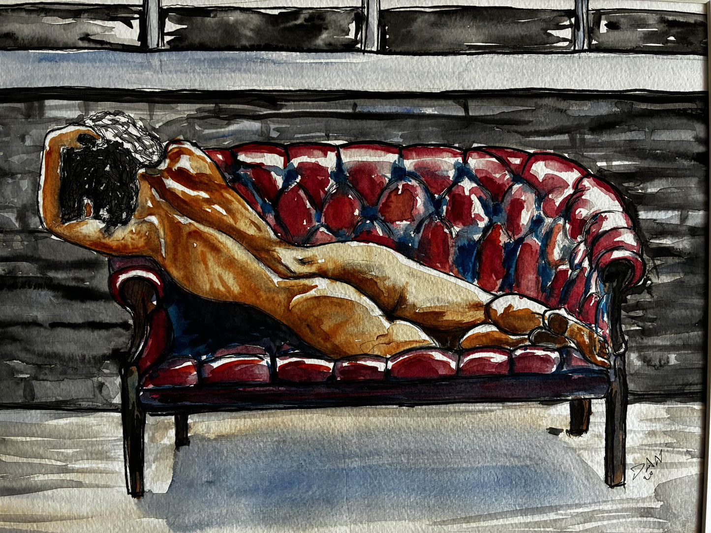 Reclining Nude on Red Couch Watercolor – Sensual Female Figure Art, Framed 19x23 - Urban Muse & Sultry Hues