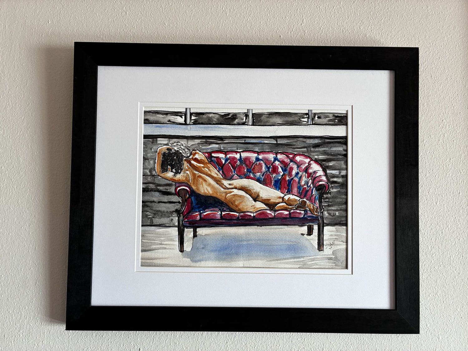 Reclining Nude on Red Couch Watercolor – Sensual Female Figure Art, Framed 19x23 - Urban Muse & Sultry Hues