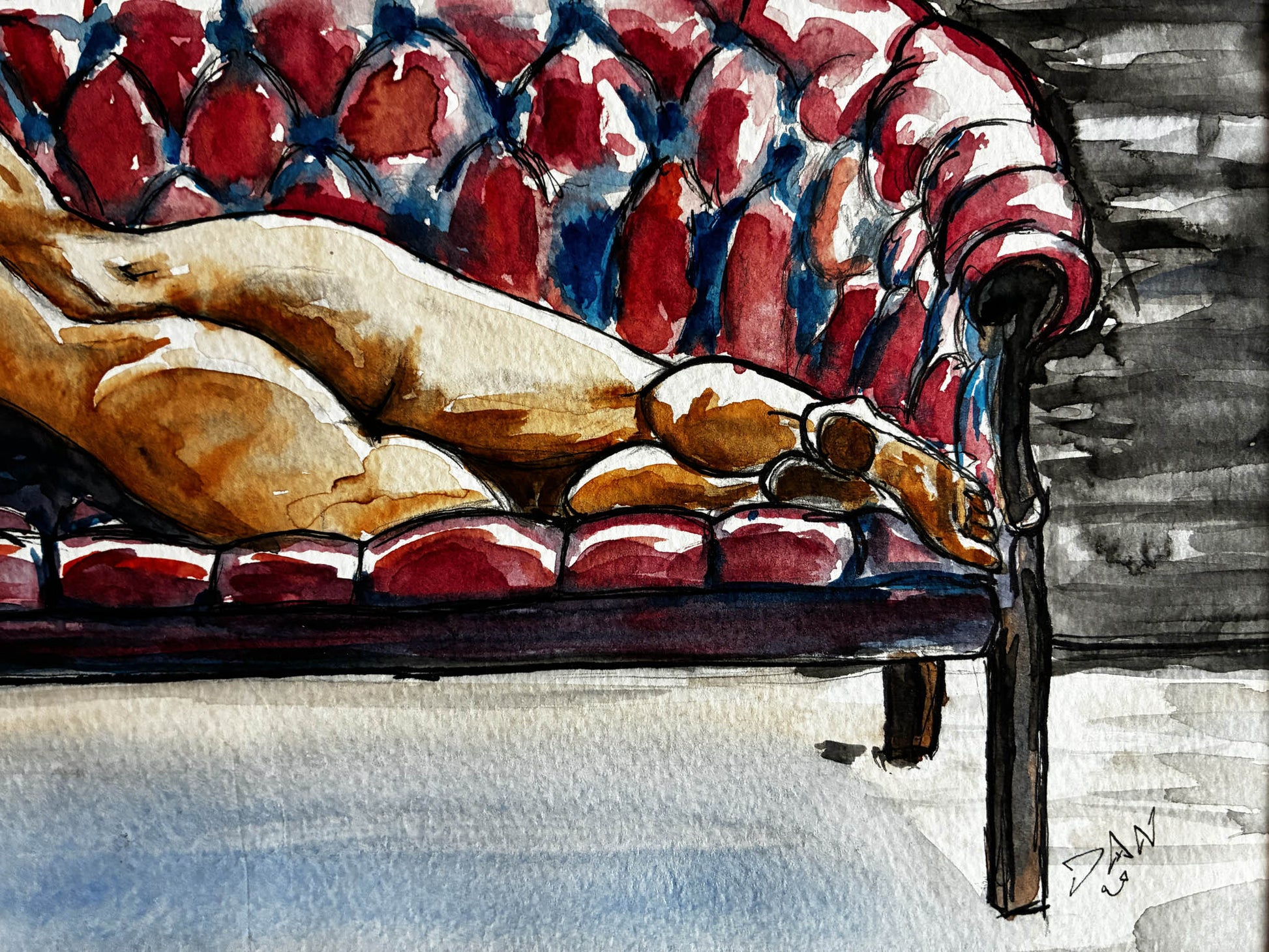 Reclining Nude on Red Couch Watercolor – Sensual Female Figure Art, Framed 19x23 - Urban Muse & Sultry Hues
