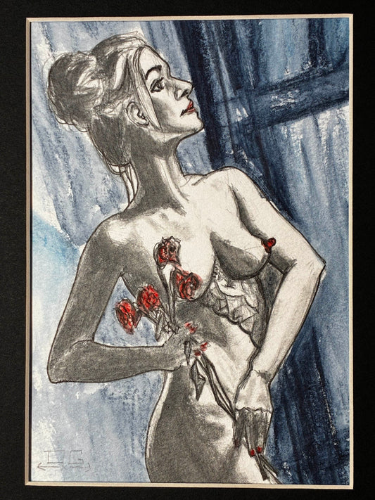 Roses & Moonlight – Elegant Nude with Flowers Watercolor – 5x7” - Urban Muse & Sultry Hues