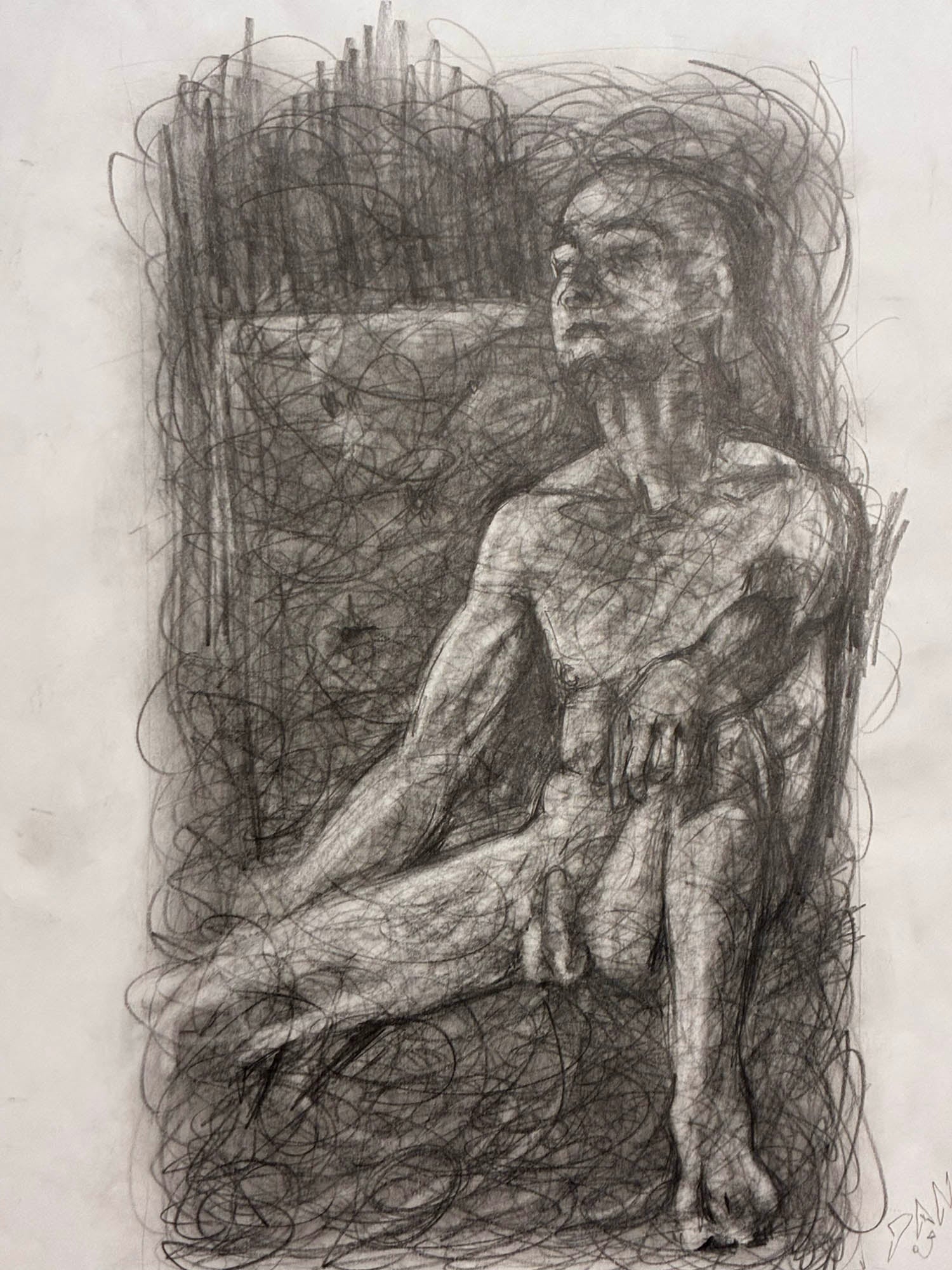 Seated Male Nude – Elegant Pencil Drawing from Life Session – 11x14” - Urban Muse & Sultry Hues